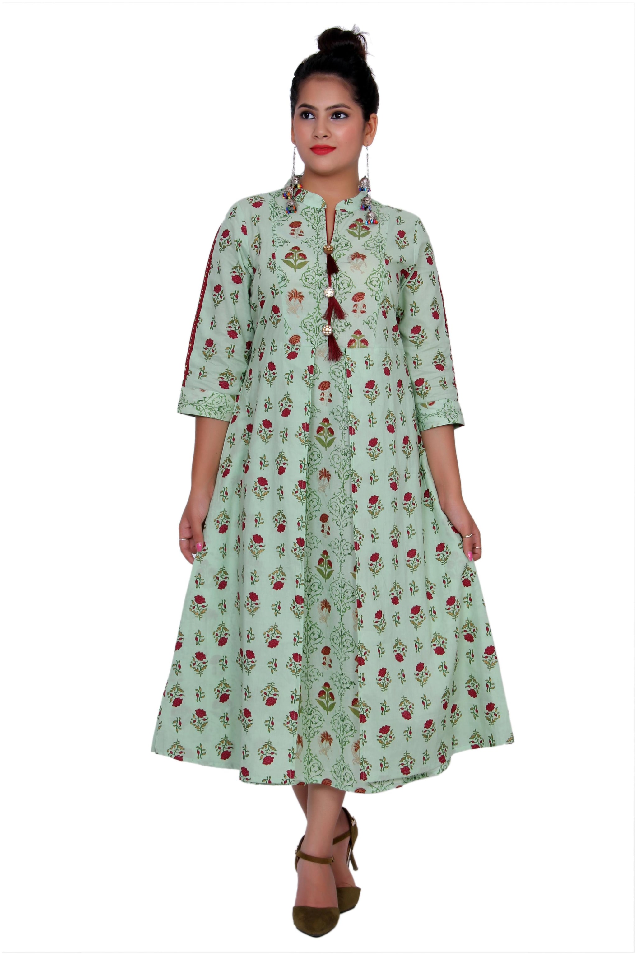 

JAIPUR VIBES Women Cotton Anarkali Kurti Dress -Green