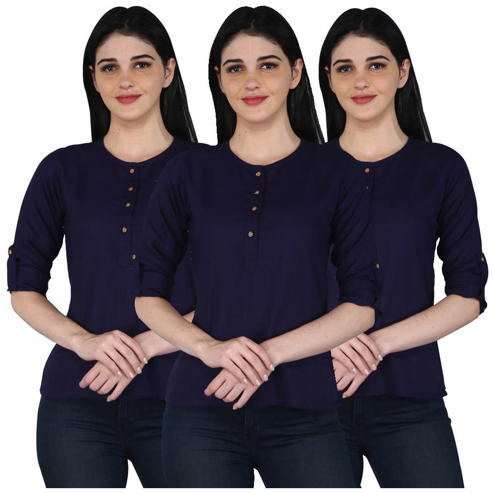 

Jaipuri Shop Women Viscose Rayon Round Neck Casual Regular Top (Navy Blue)