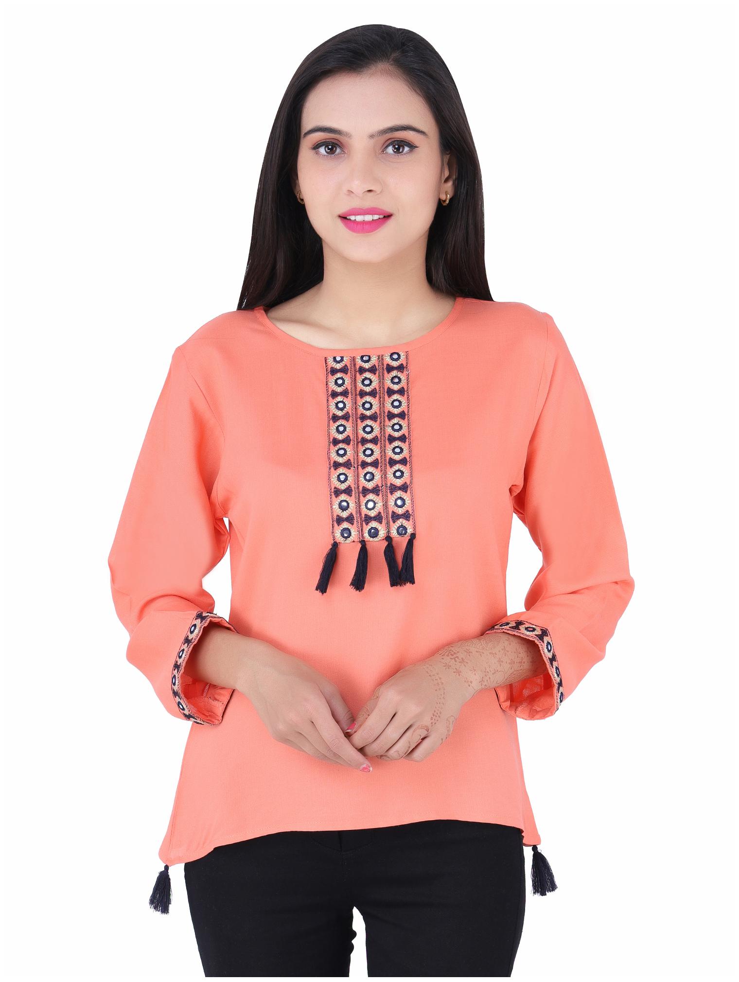 

Jaipuri Shop Women Embroidered Regular top - Peach