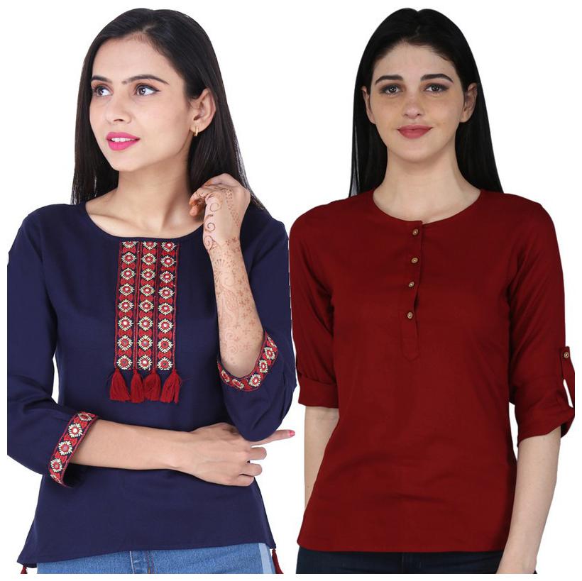 

Jaipuri Shop Women Viscose Rayon Round Neck Casual Regular Top (Maroon Navy Blue)