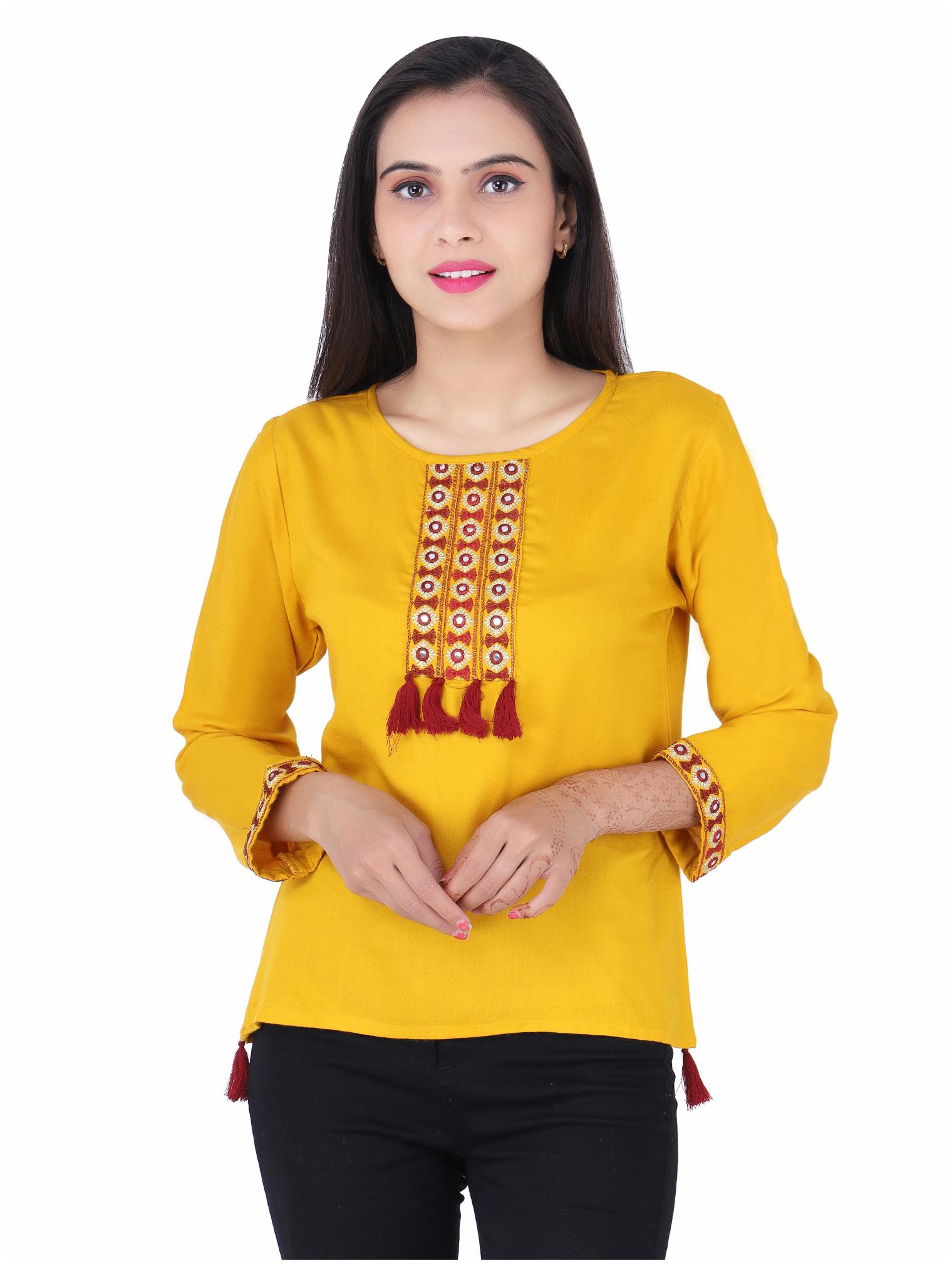 

Jaipuri Shop Women Embroidered Regular top - Yellow