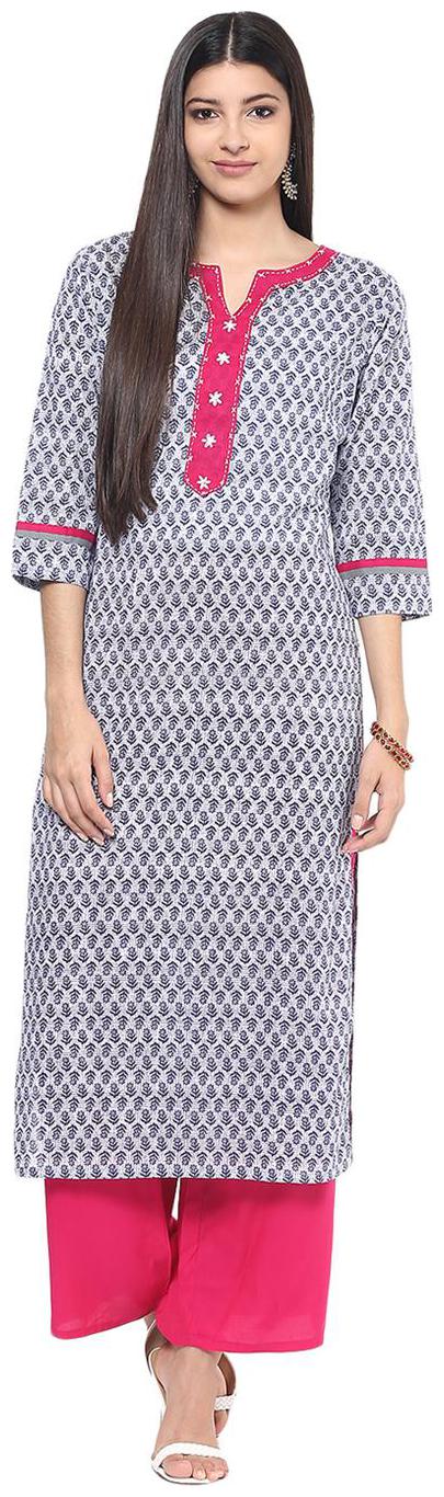 

Jaipur Kurti Cotton Off-White Rani Pink Embroidered Kurta And Palazzo Set