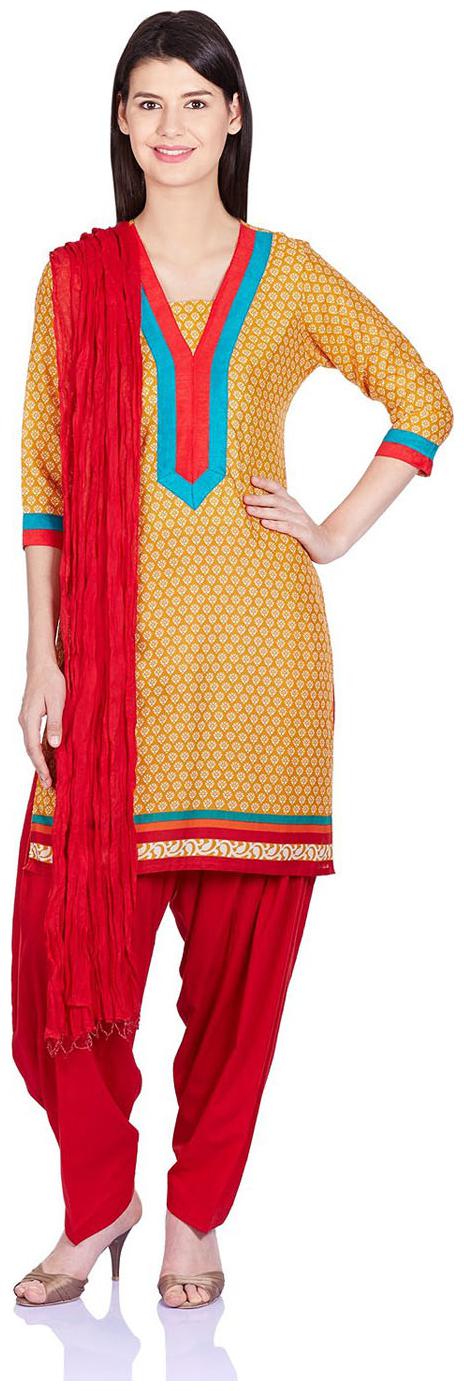 

Jaipur Kurti Polyester Cotton Complete Set Of Yellow Kurta And Red Patiala Duptta