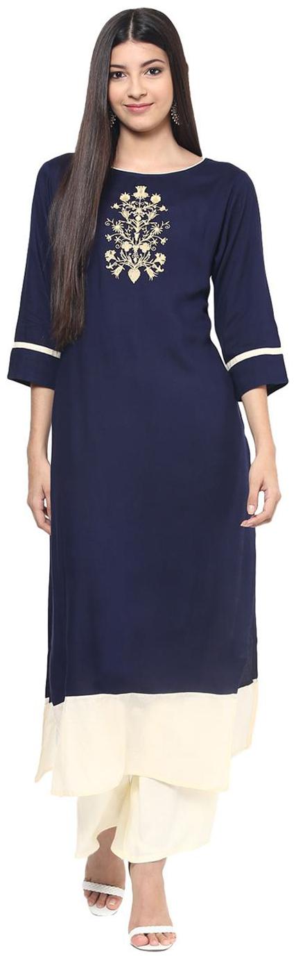 

Jaipur Kurti Rayon Navy Blue Off-White Embroidered Kurta And Palazzo Set