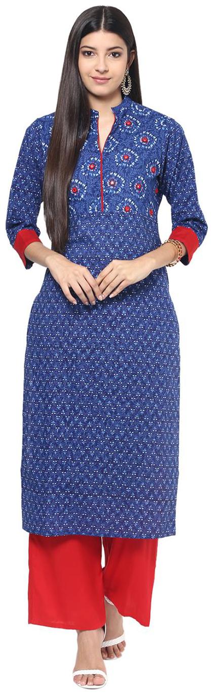 

Jaipur Kurti Rayon Blue Red Embroidered Kurta And Palazzo Set