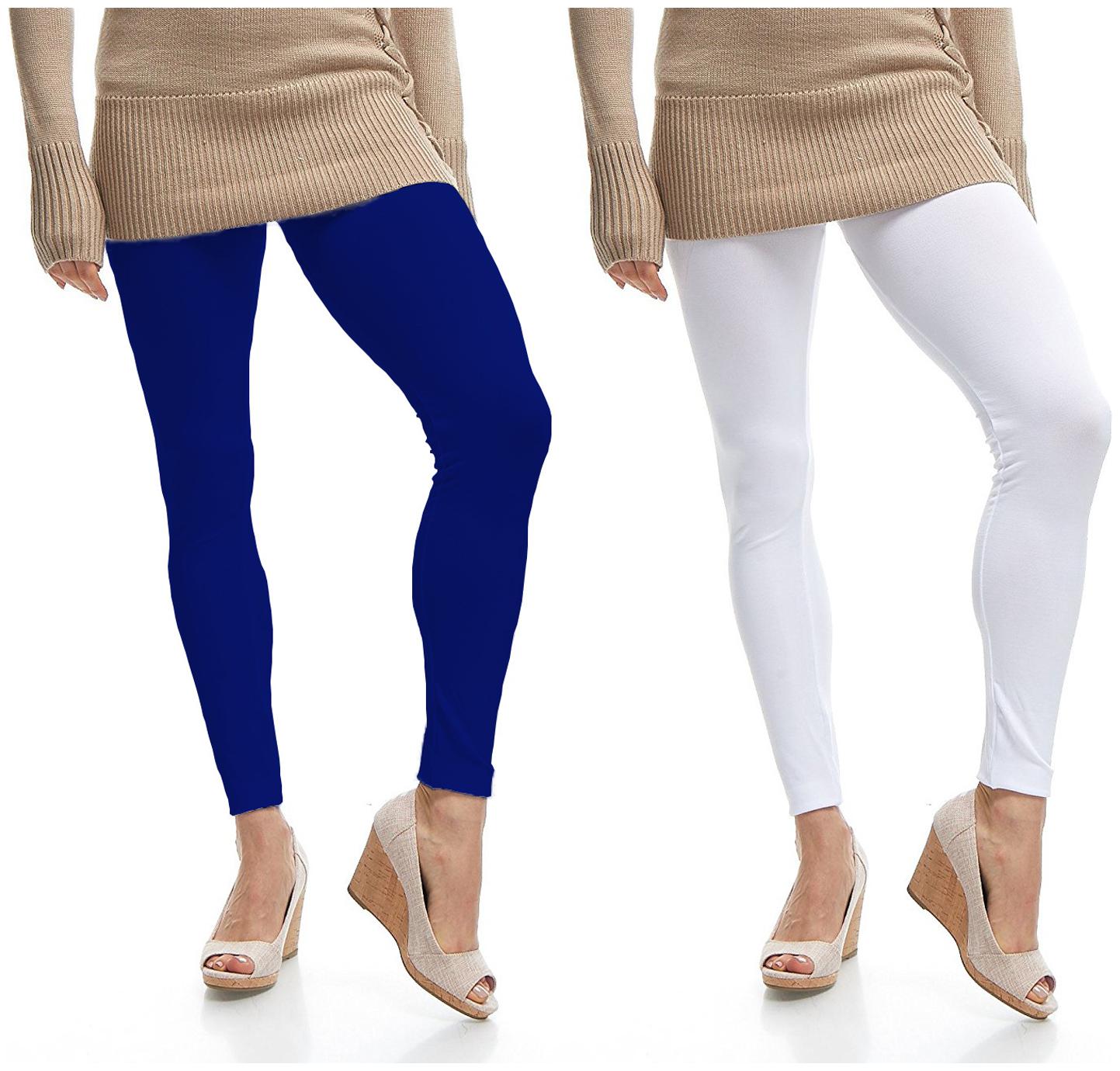 

Jakqo Women Cotton Plain Ankle Length Legging -Blue White