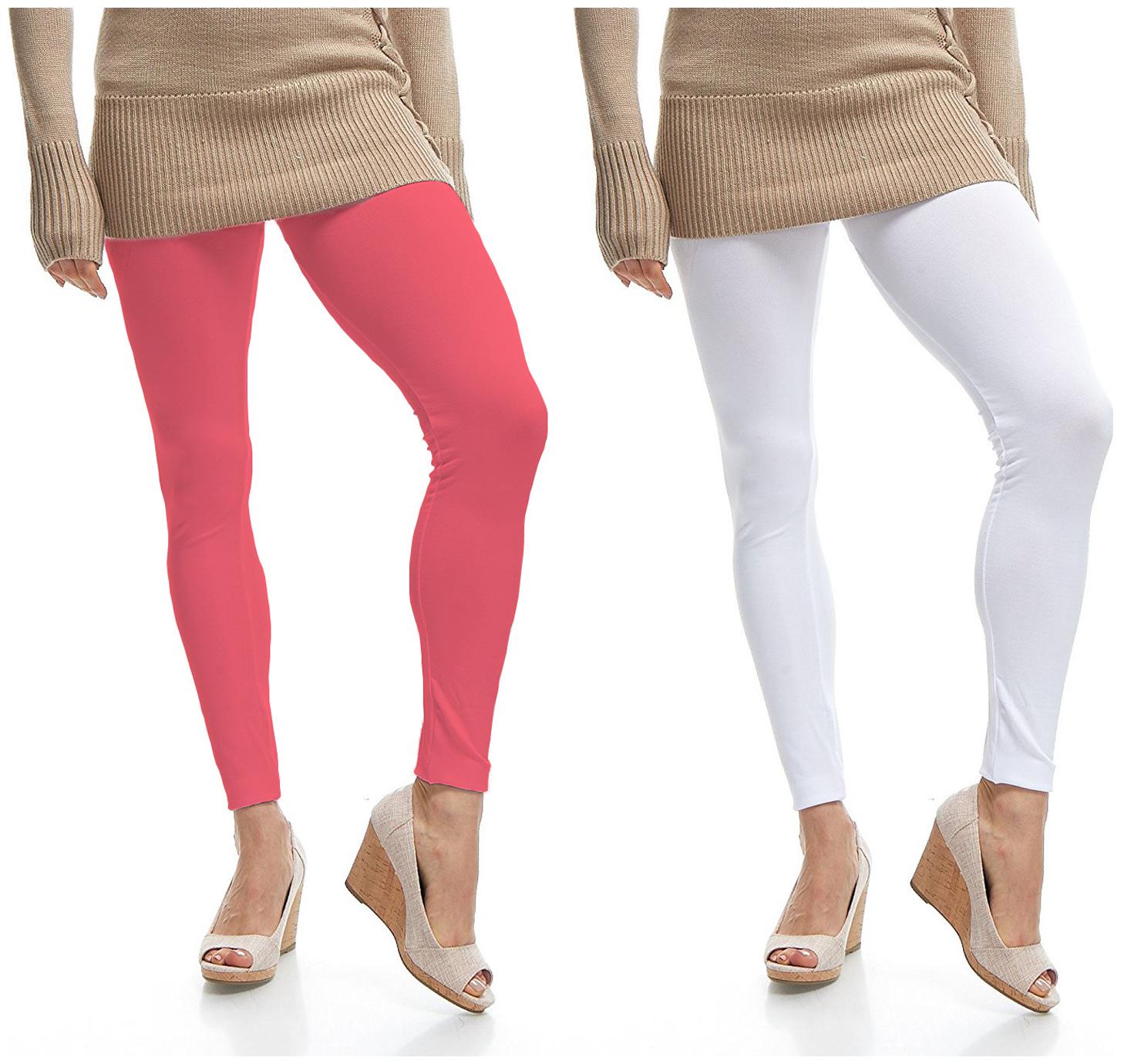 

Jakqo Women Cotton Plain Ankle Length Legging -White Pink