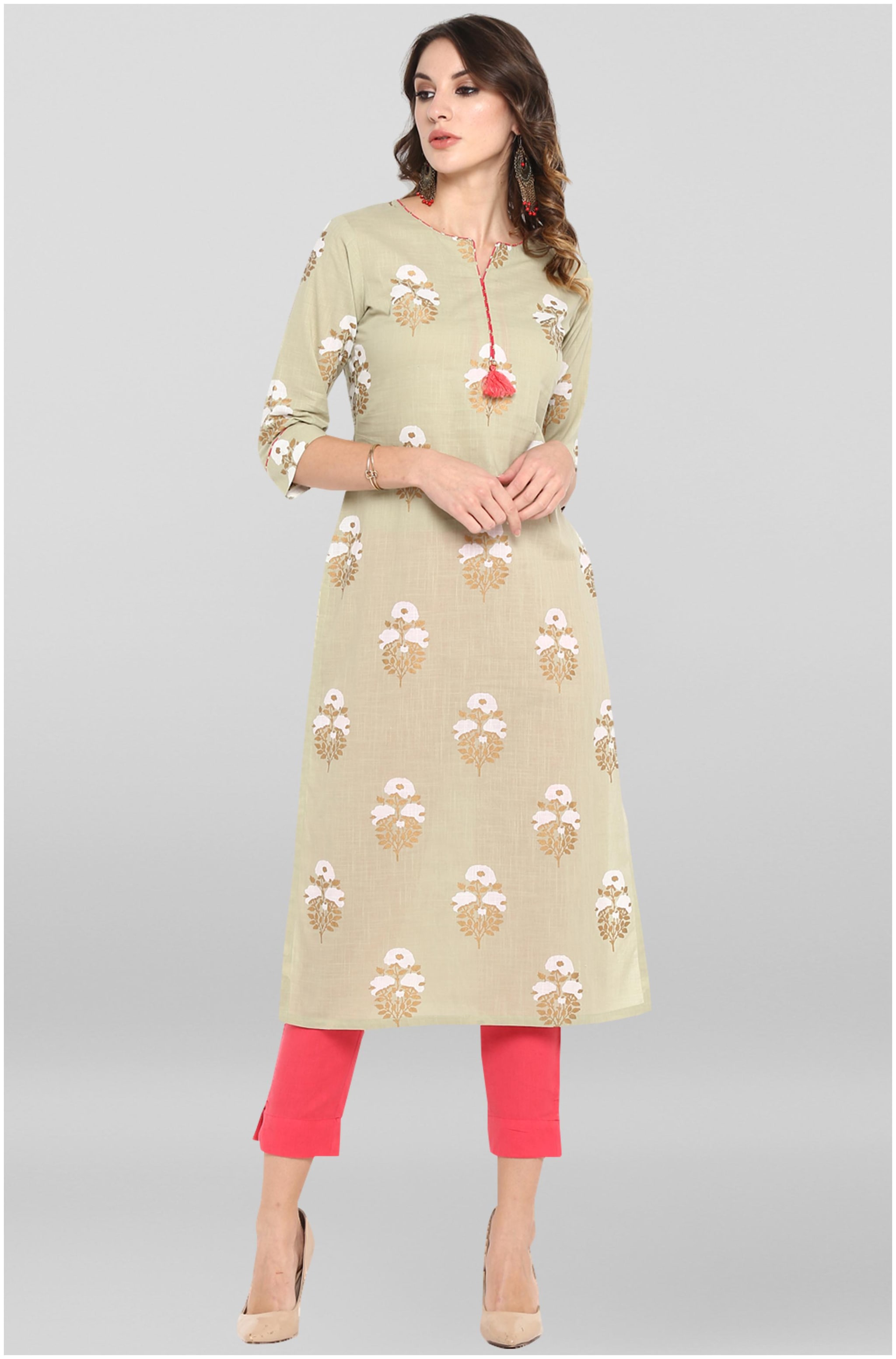 

Janasya Cotton Straight Fit Kurta With Pants Green