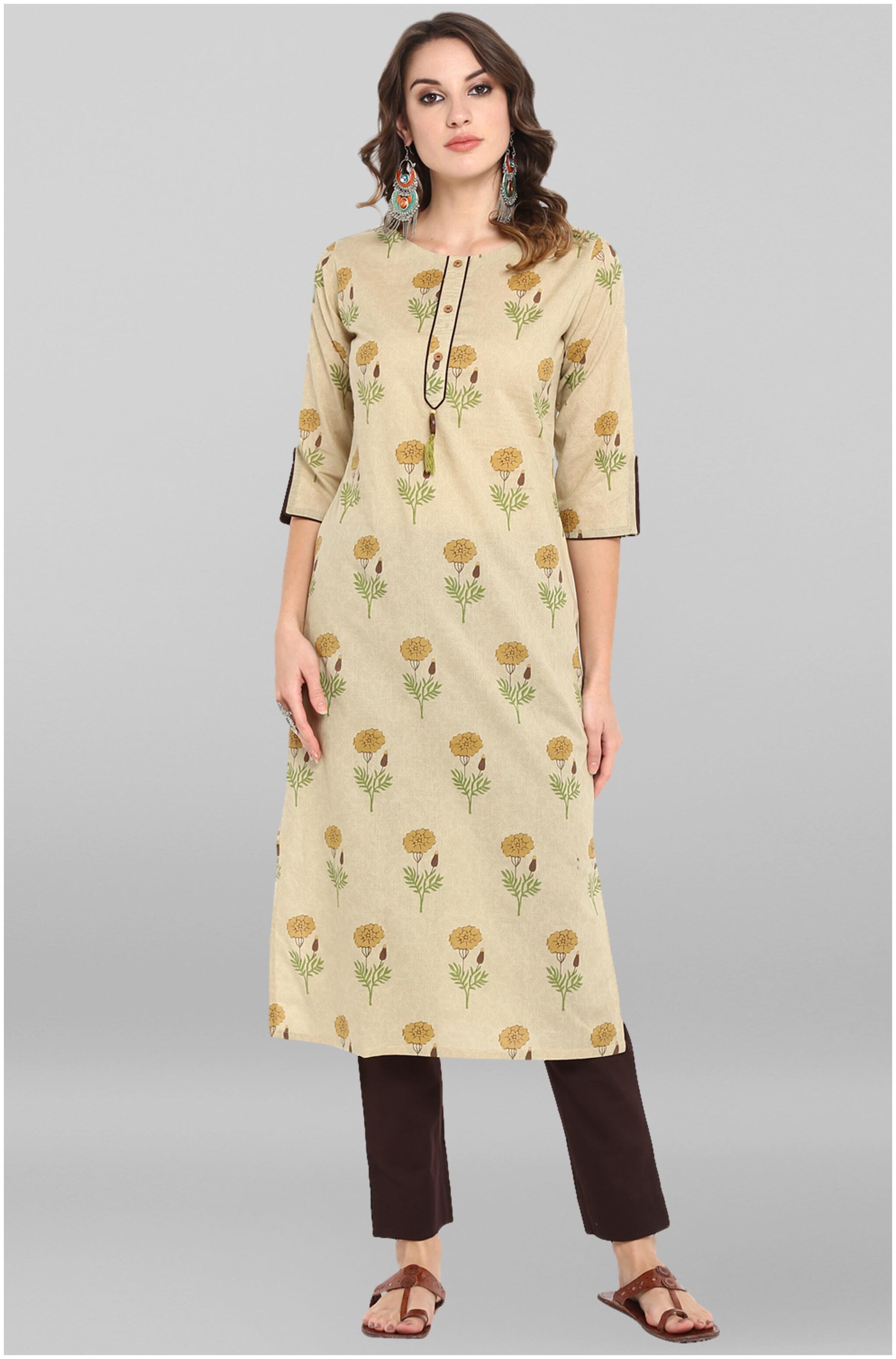 

Janasya Cotton Straight Fit Kurta With Pants Beige