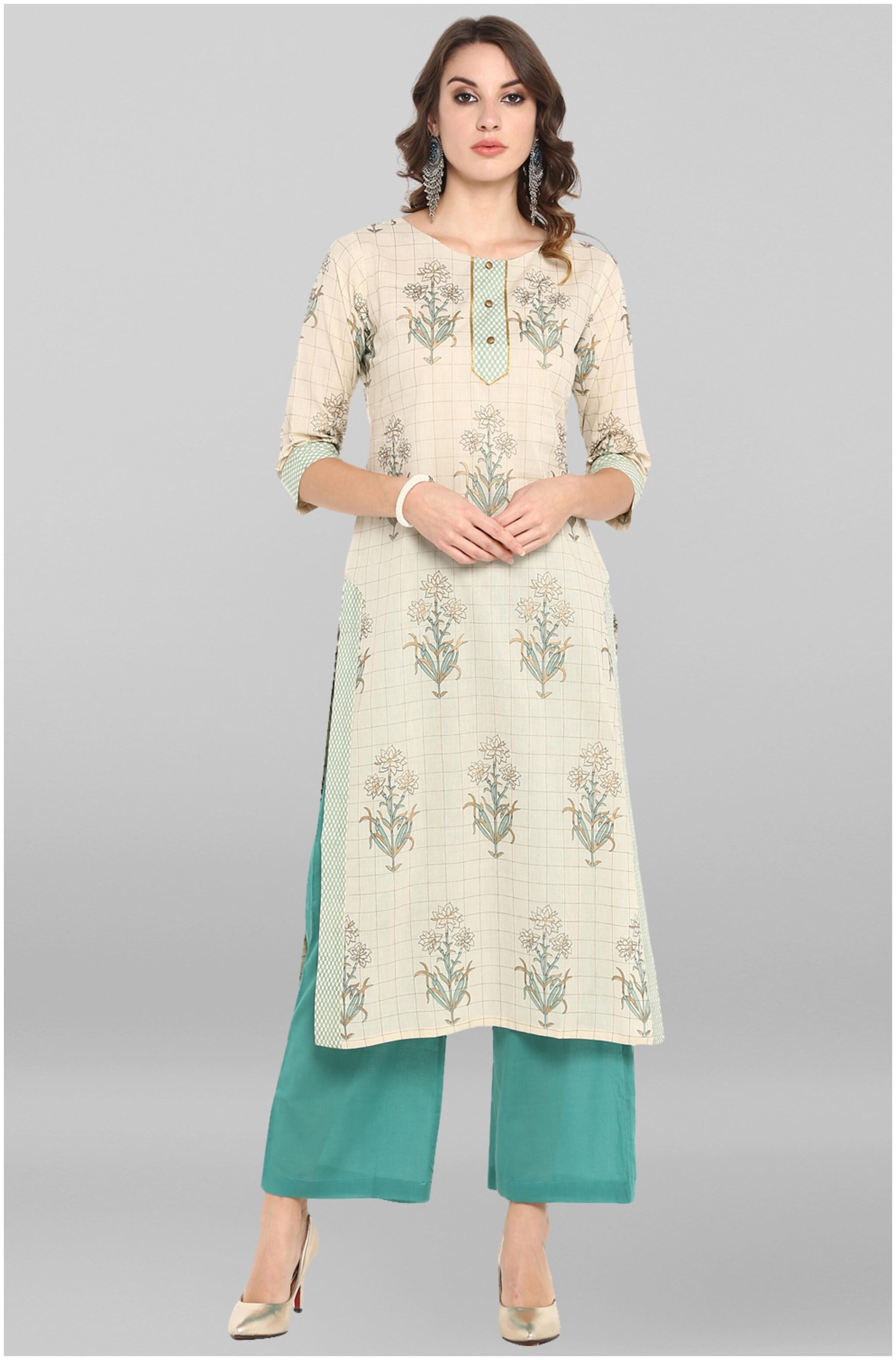 

Janasya Women Cream Printed Straight Kurta With Palazzo