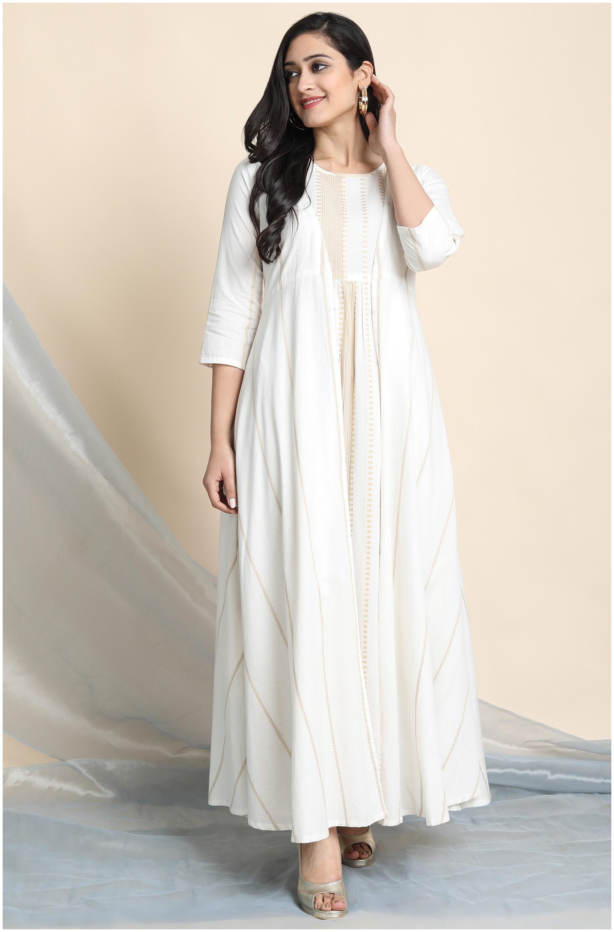 

Janasya White Striped Flared dress