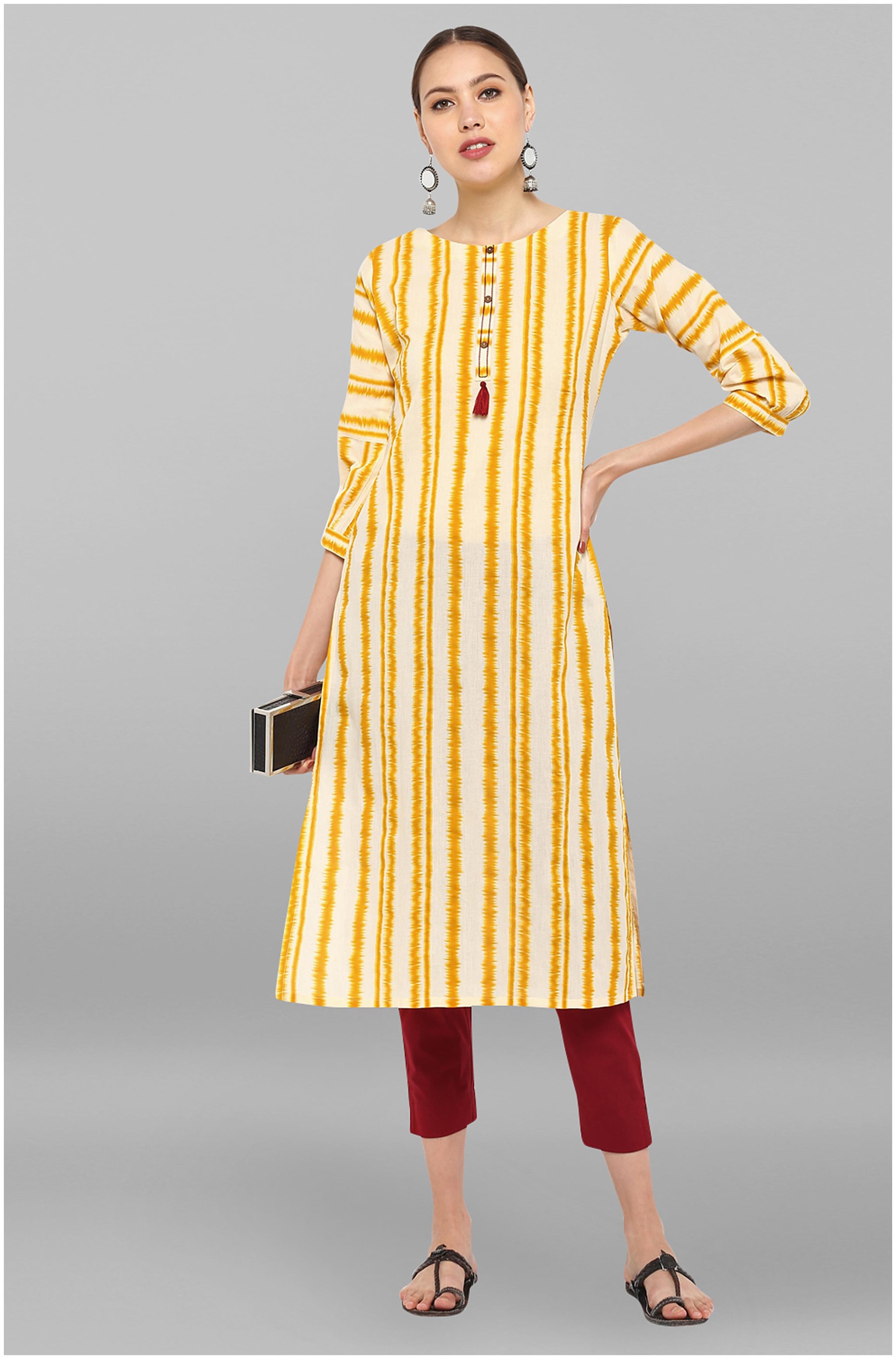 

Janasya Cotton Straight Fit Kurta With Pants Yellow