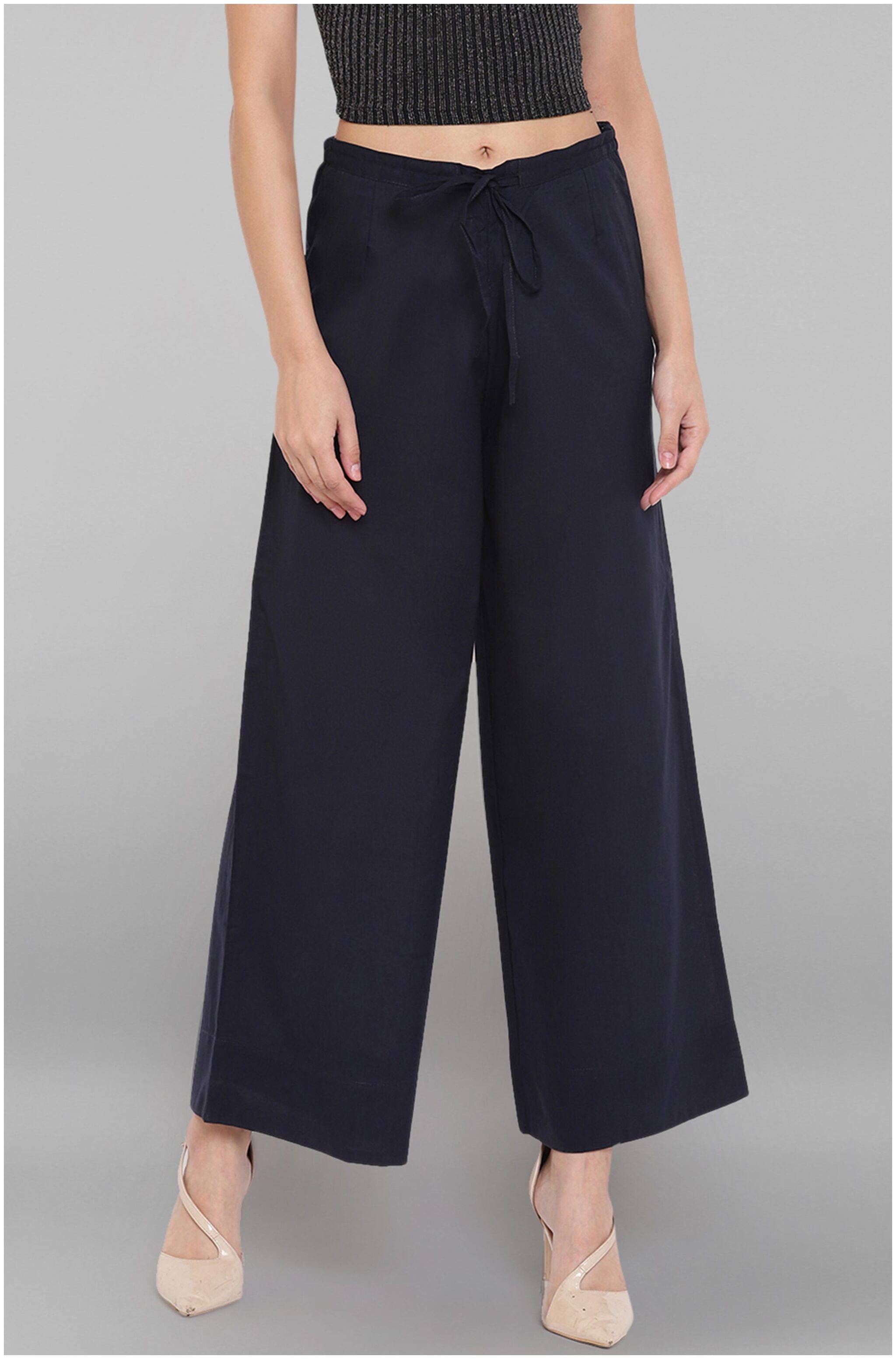 

Janasya Navy Blue Solid Straight Palazzo