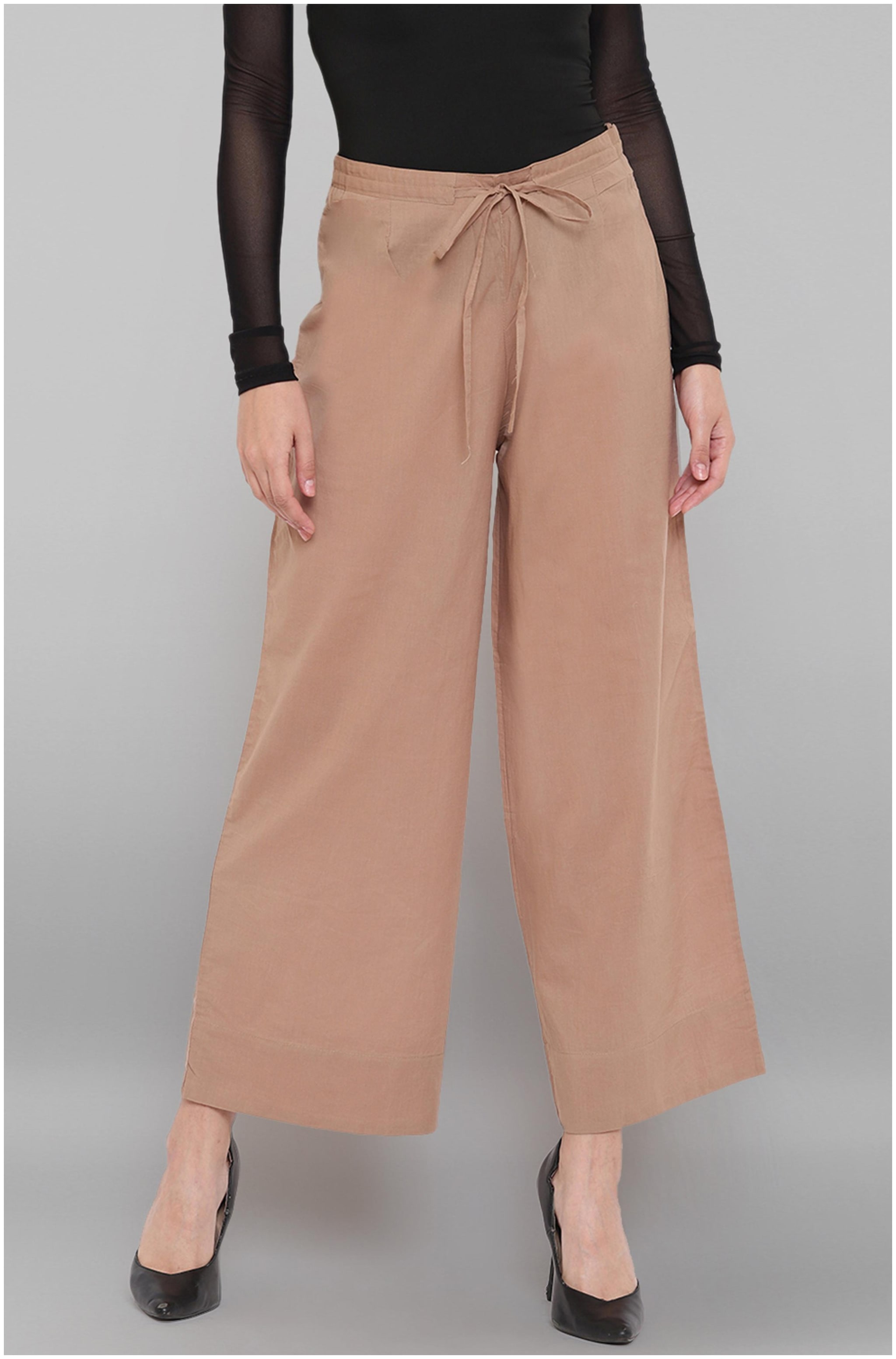 

Janasya Beige Solid Straight Palazzo