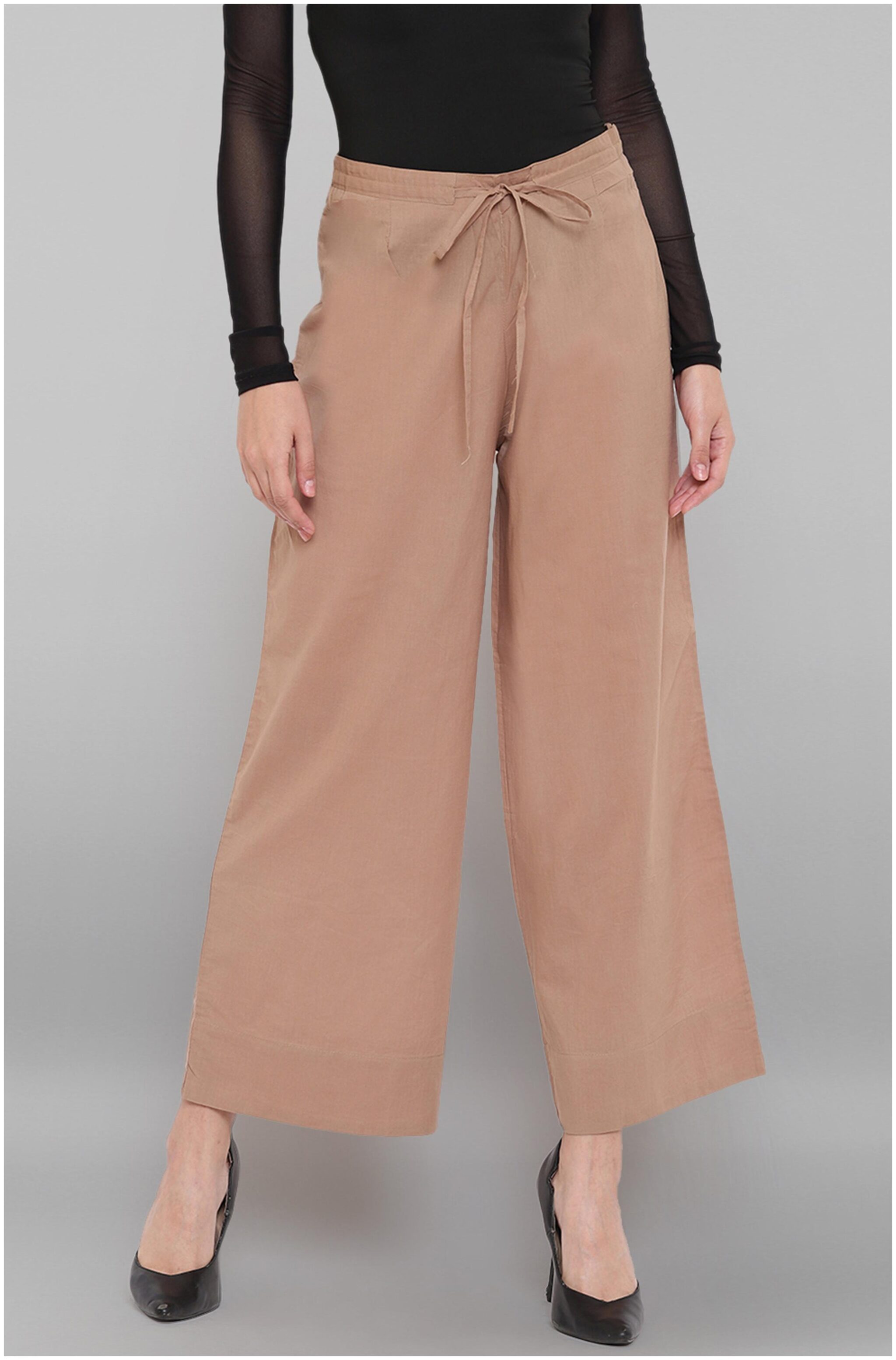 

Janasya Beige Solid Straight Palazzo