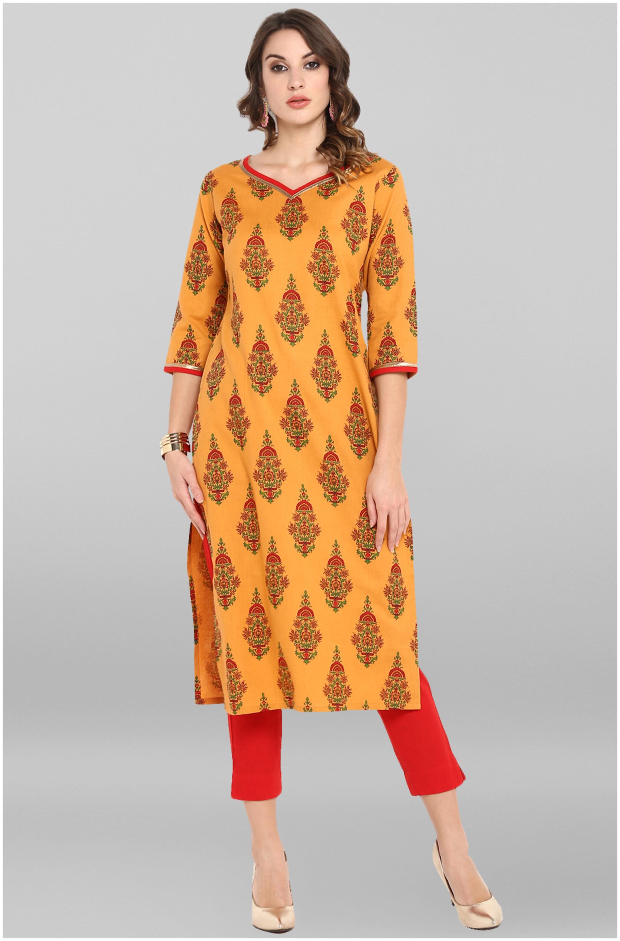 

Janasya Cotton Straight Fit Kurta With Pants Orange