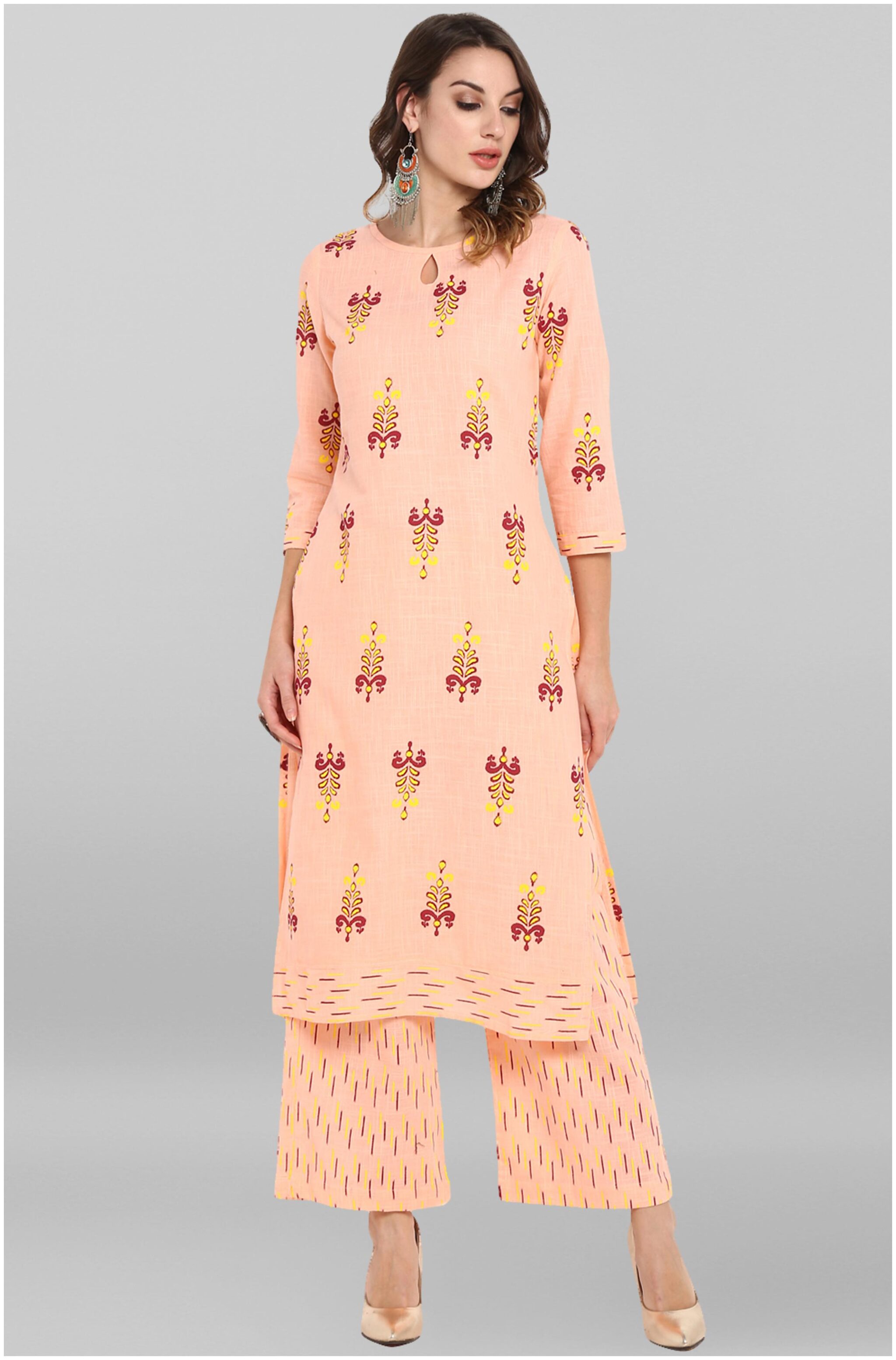 

Janasya Women Peach Printed Straight Kurta With Palazzo