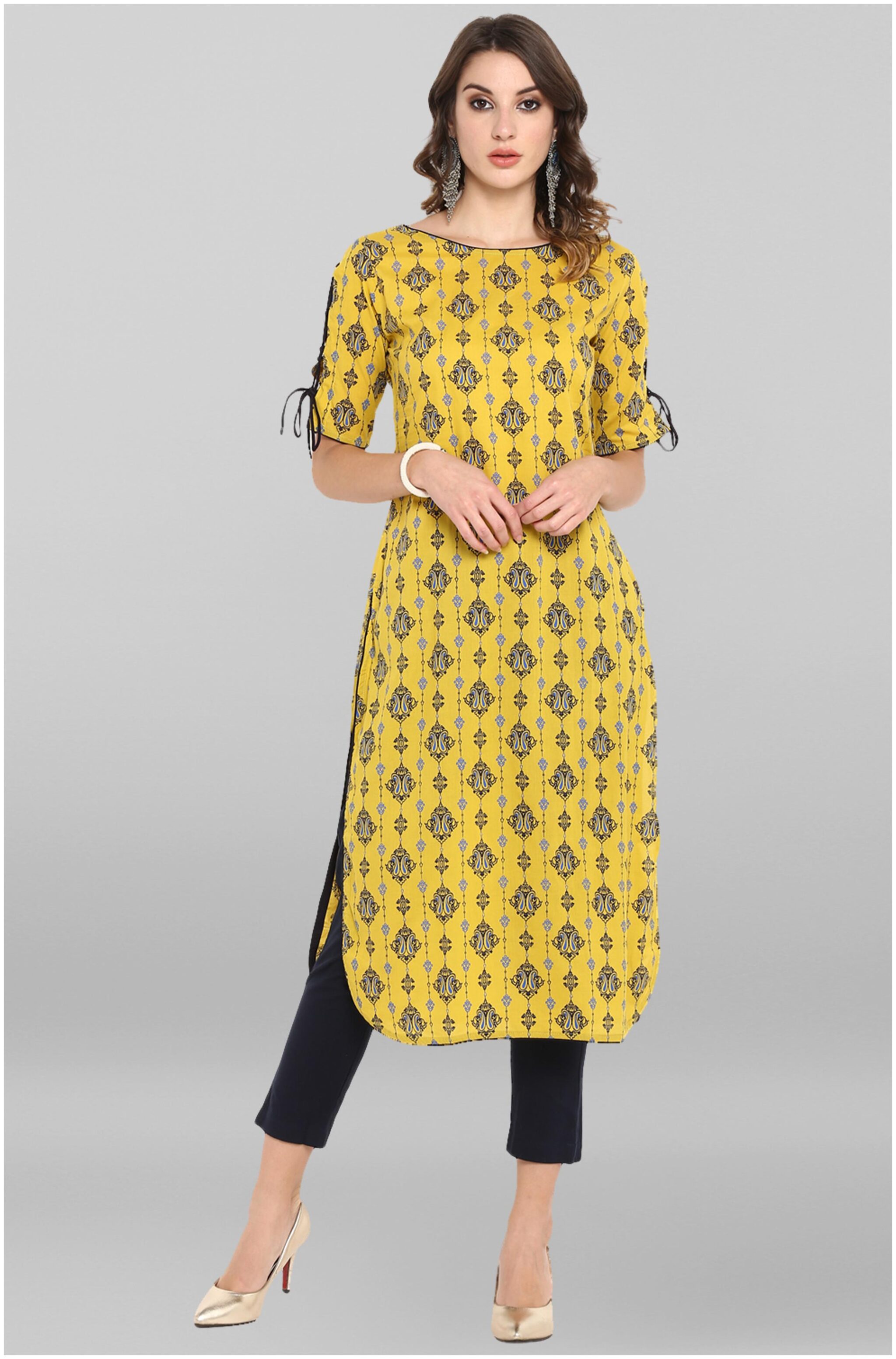 

Janasya Women Yellow Printed Straight Kurta With Pants