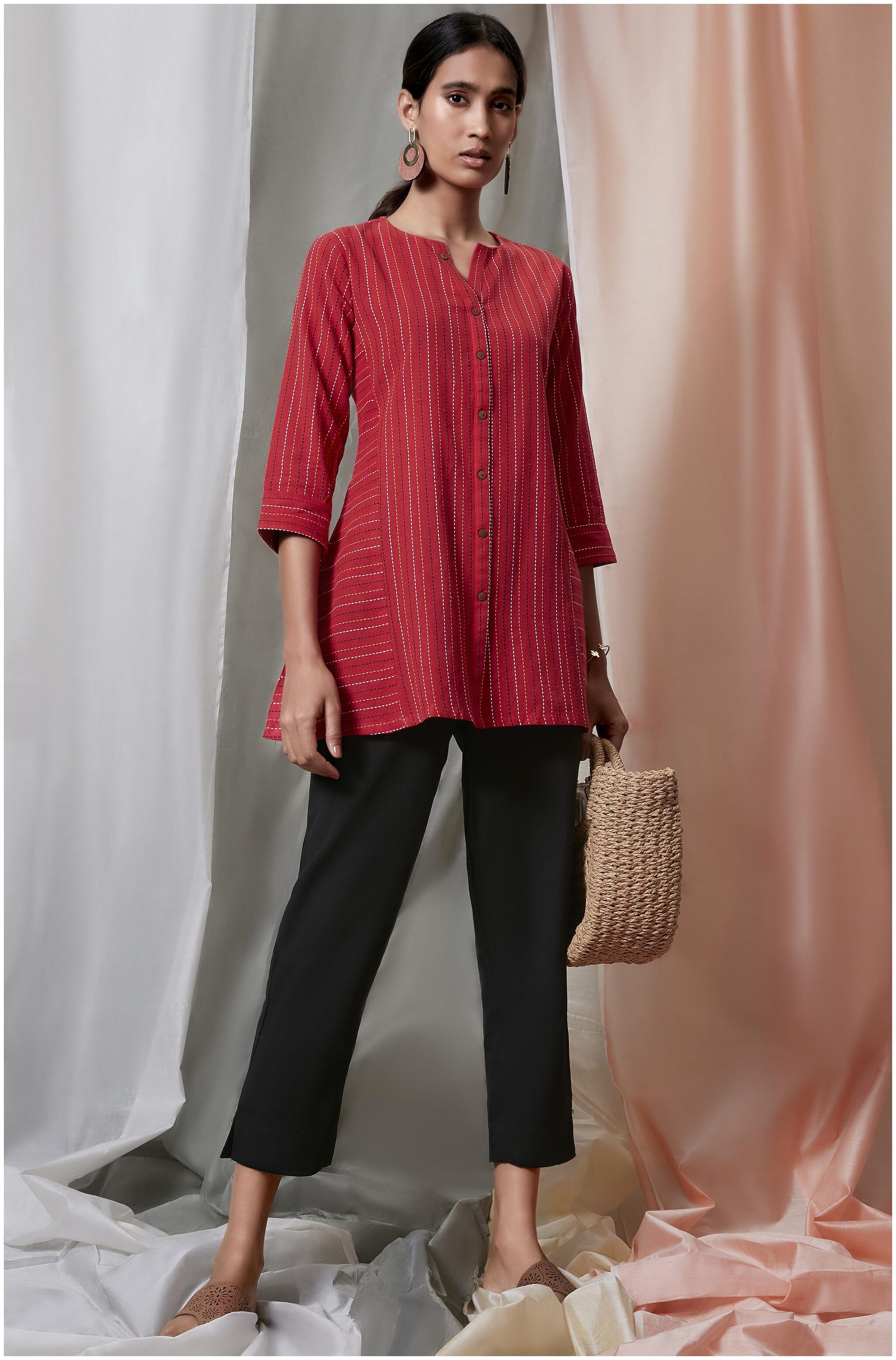 

Janasya Women Striped Regular tunic - Red