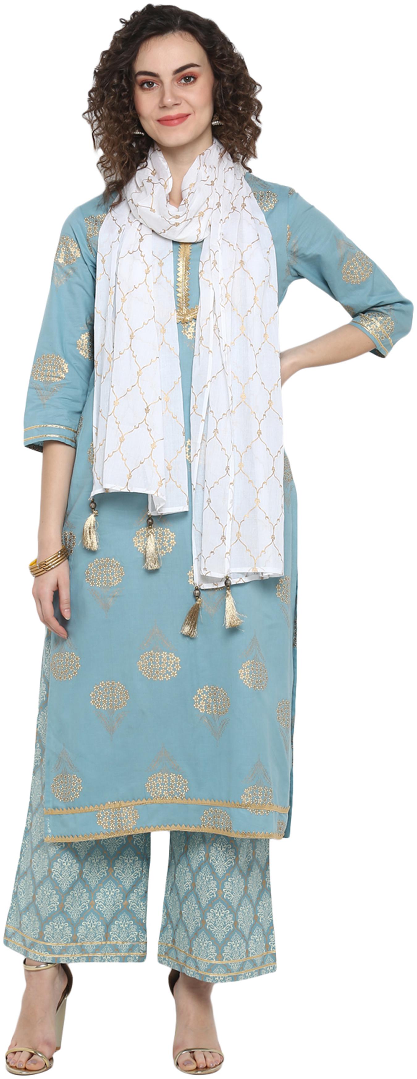 

Janasya Cotton Printed Blue Kurta For Women