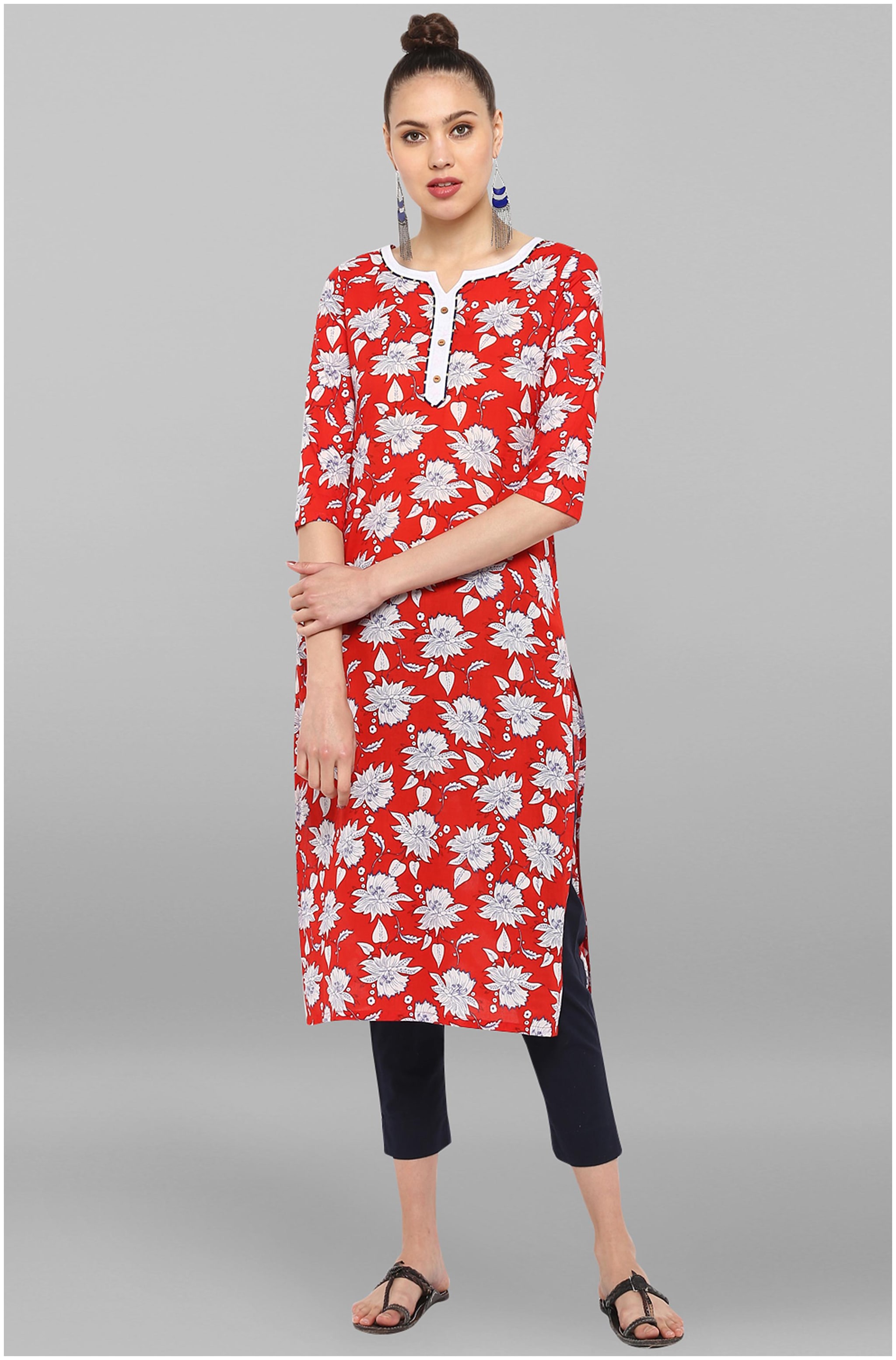 

Janasya Cotton Straight Fit Kurta With Pants Red