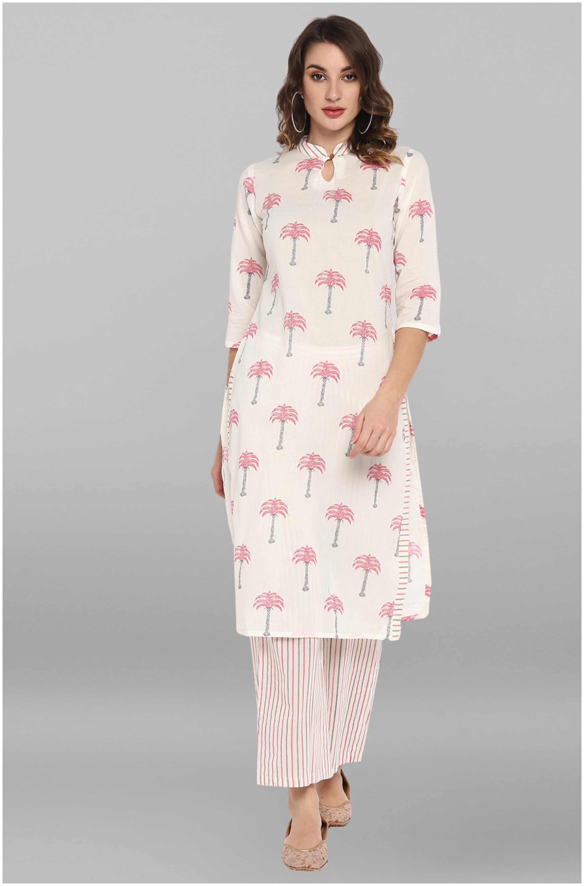 

Janasya Women White Printed Straight Kurta With Palazzo