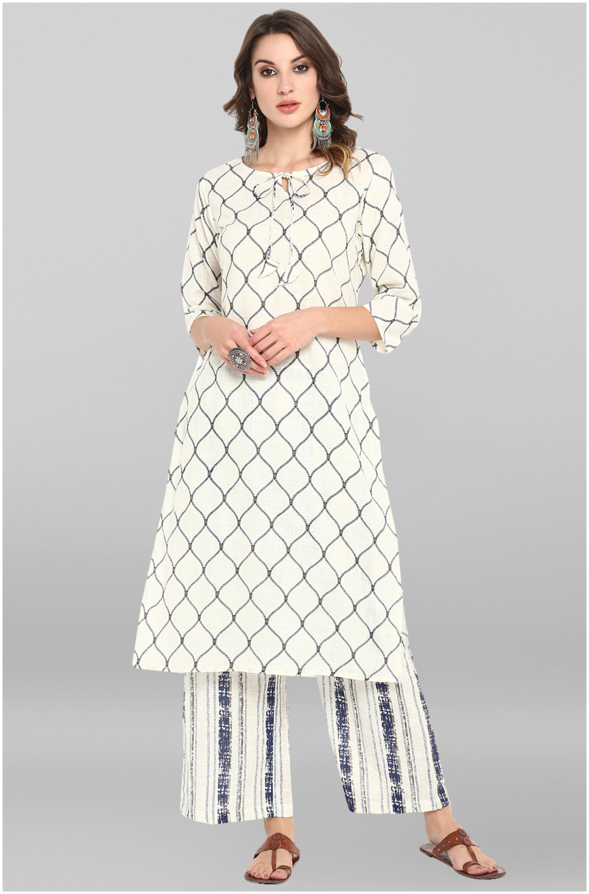 

Janasya Women Cream Printed Straight Kurta With Palazzo
