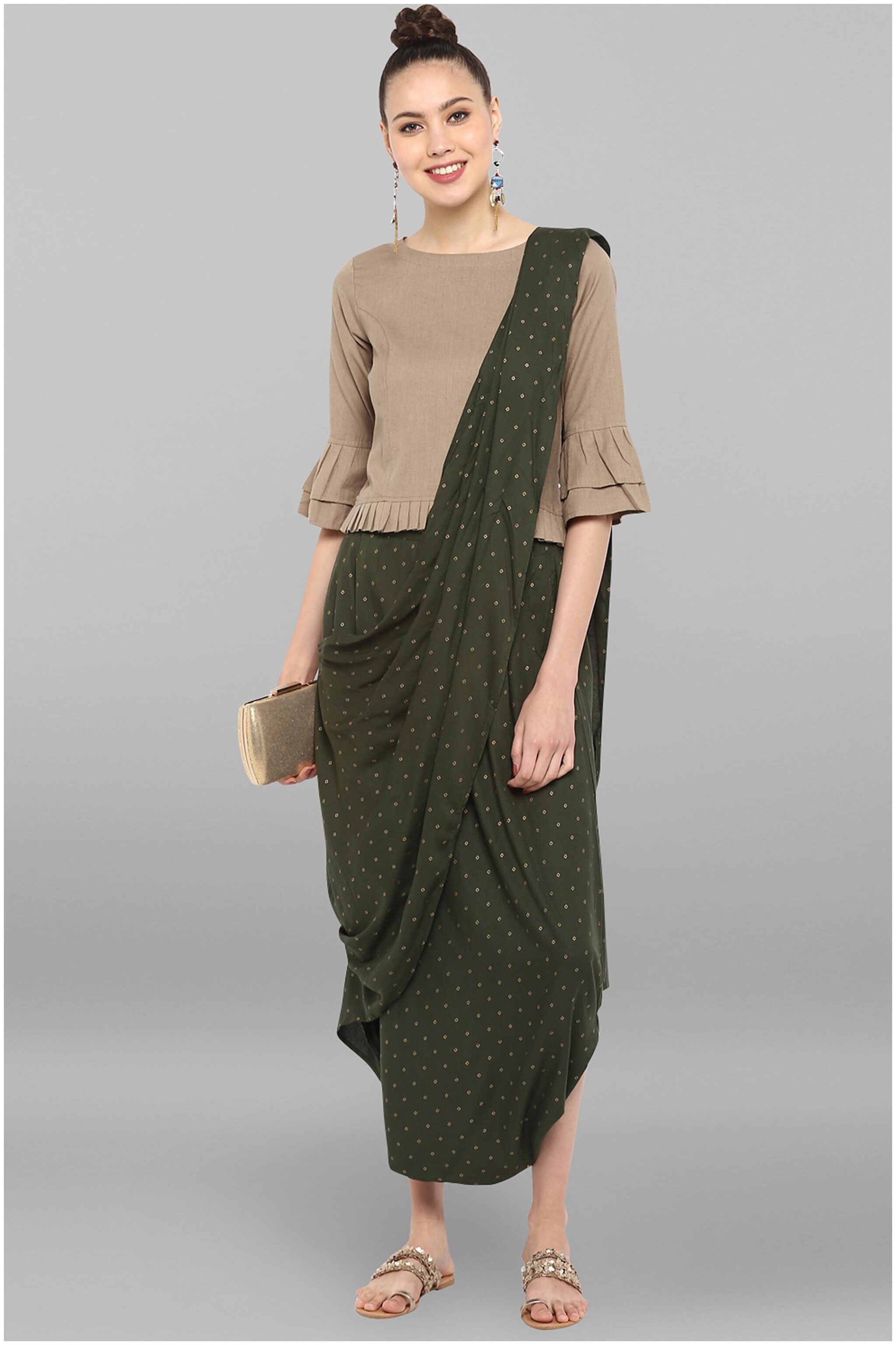

Janasya Cotton Casual Kurta with Dhoti Beige Green