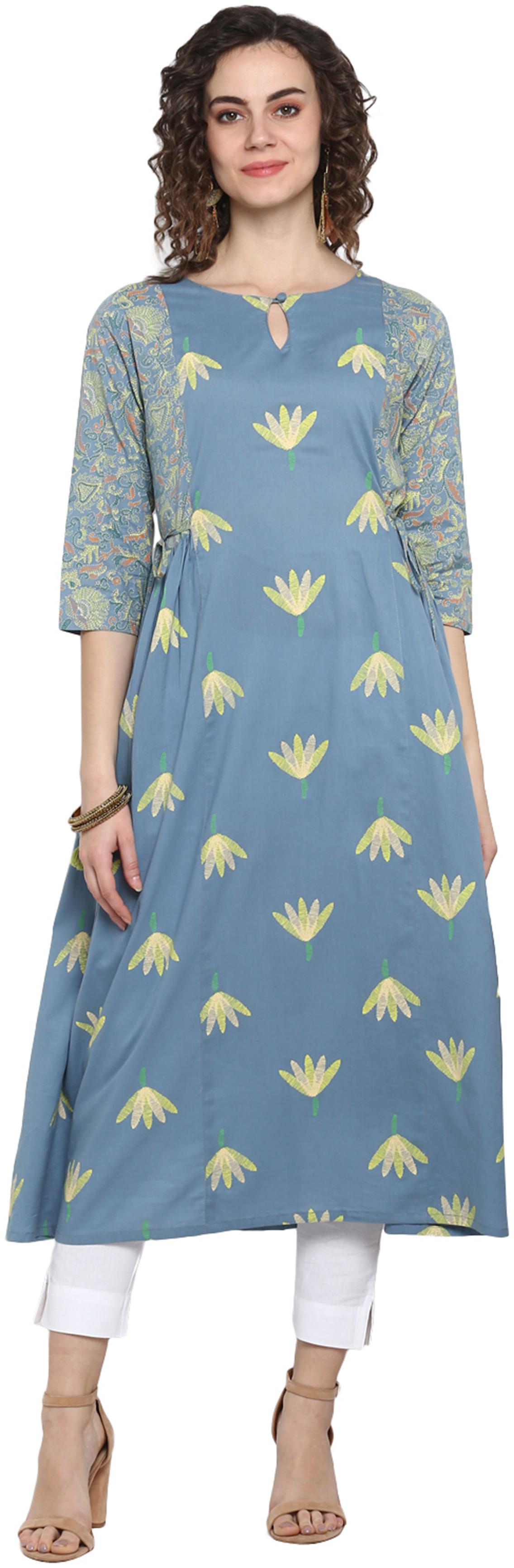 

Janasya Cotton Printed Blue Kurti for Women