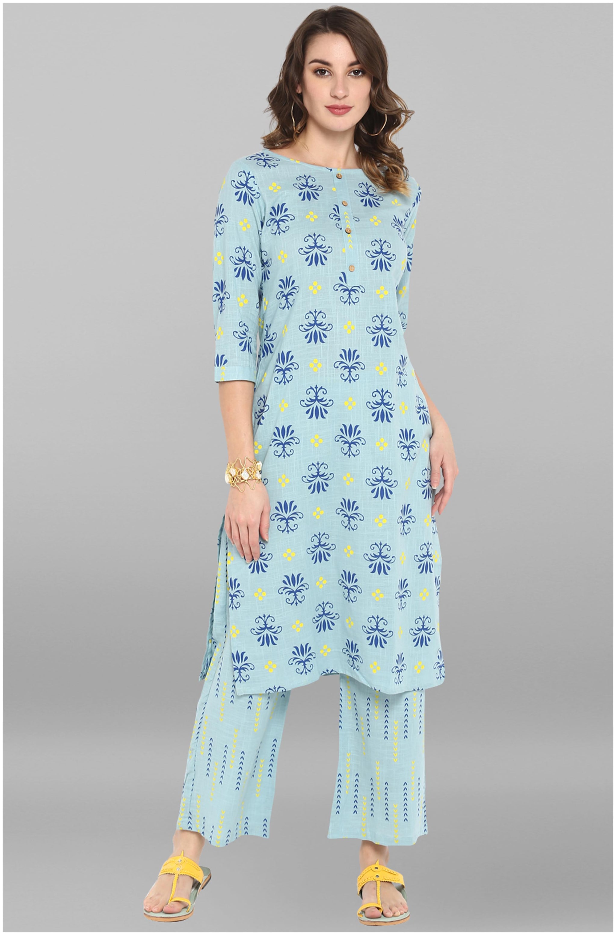 

Janasya Women Blue Printed Straight Kurta With Palazzo