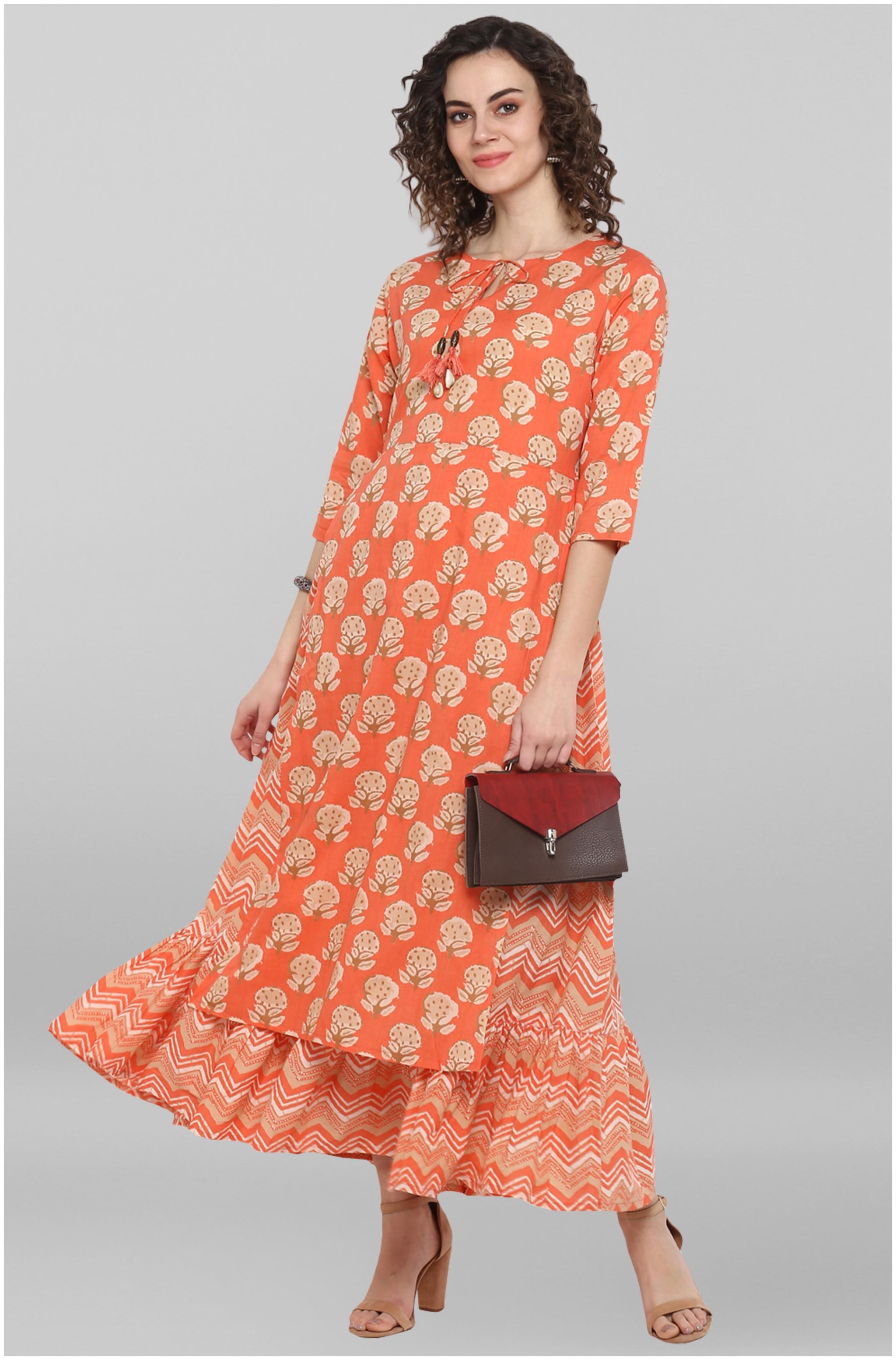

Janasya Cotton Printed Orange Kurti for Women