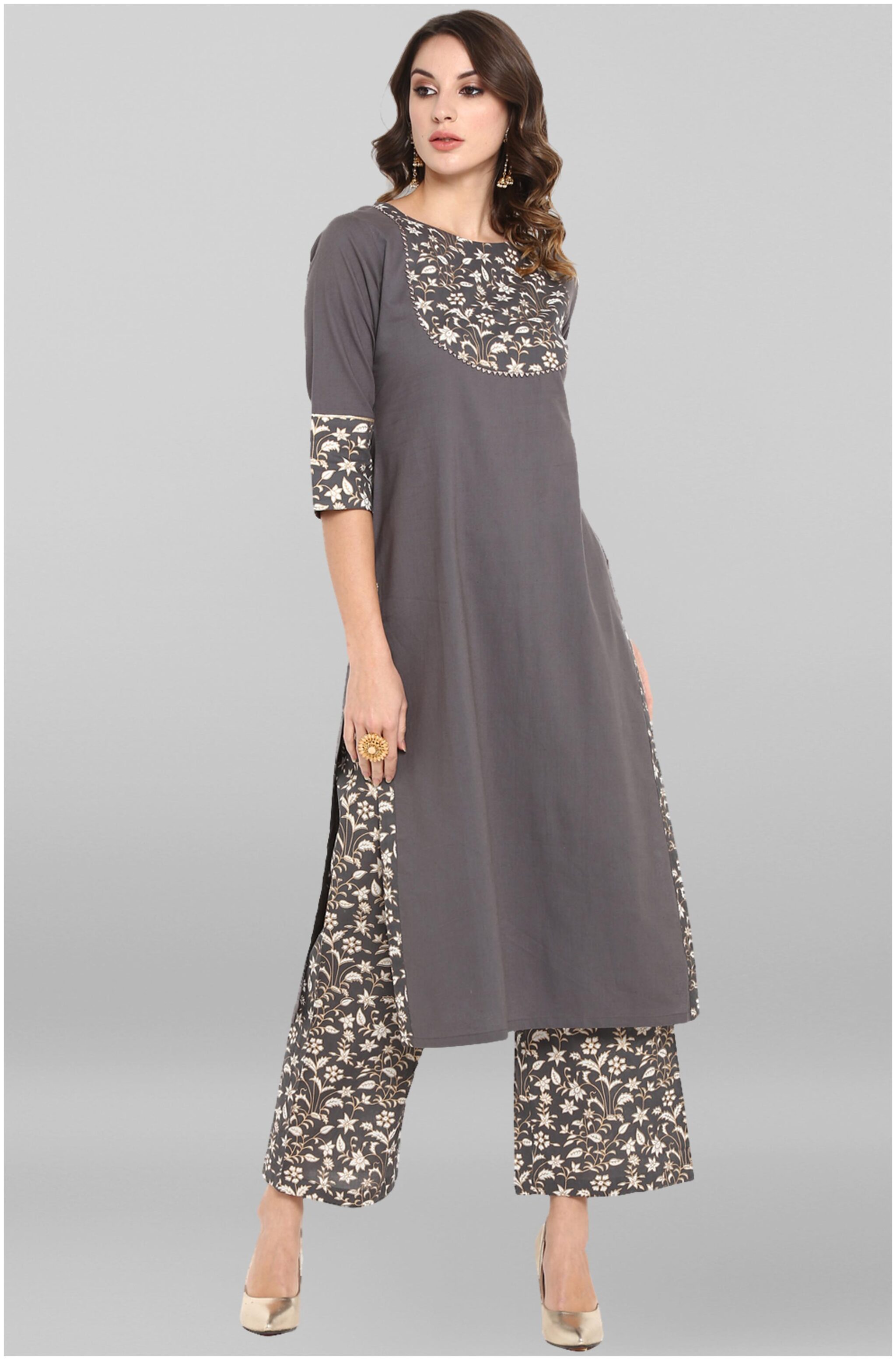 

Janasya Women Grey Printed Straight Kurta With Palazzo
