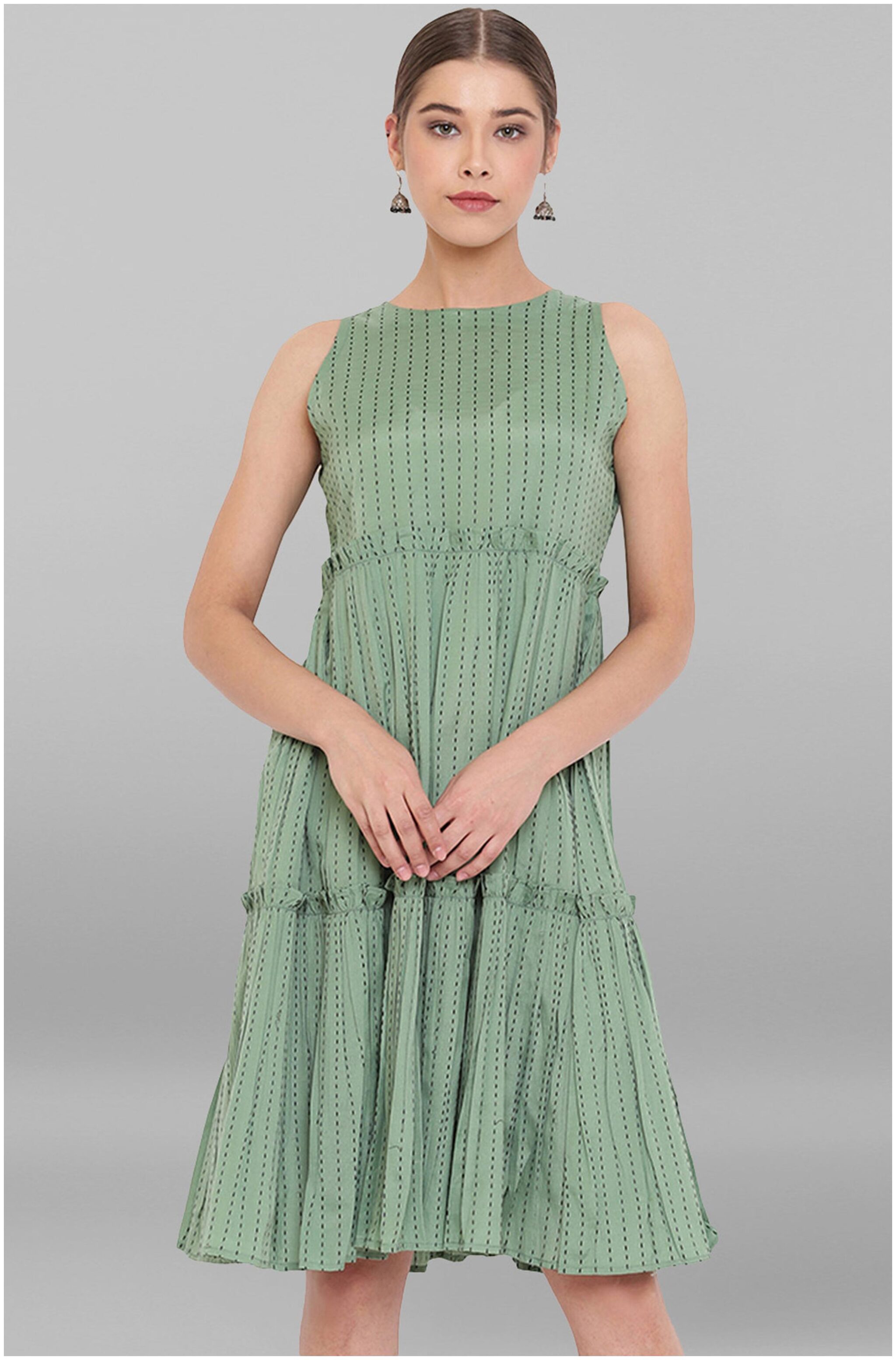 

Janasya Green Striped Fit flare dress
