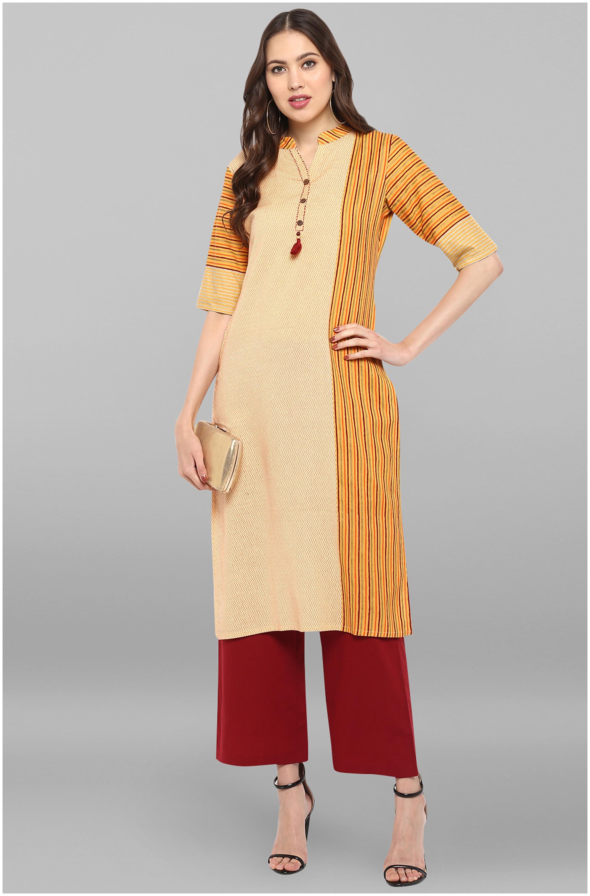 

Janasya Women Yellow Striped Straight Kurta With Palazzo