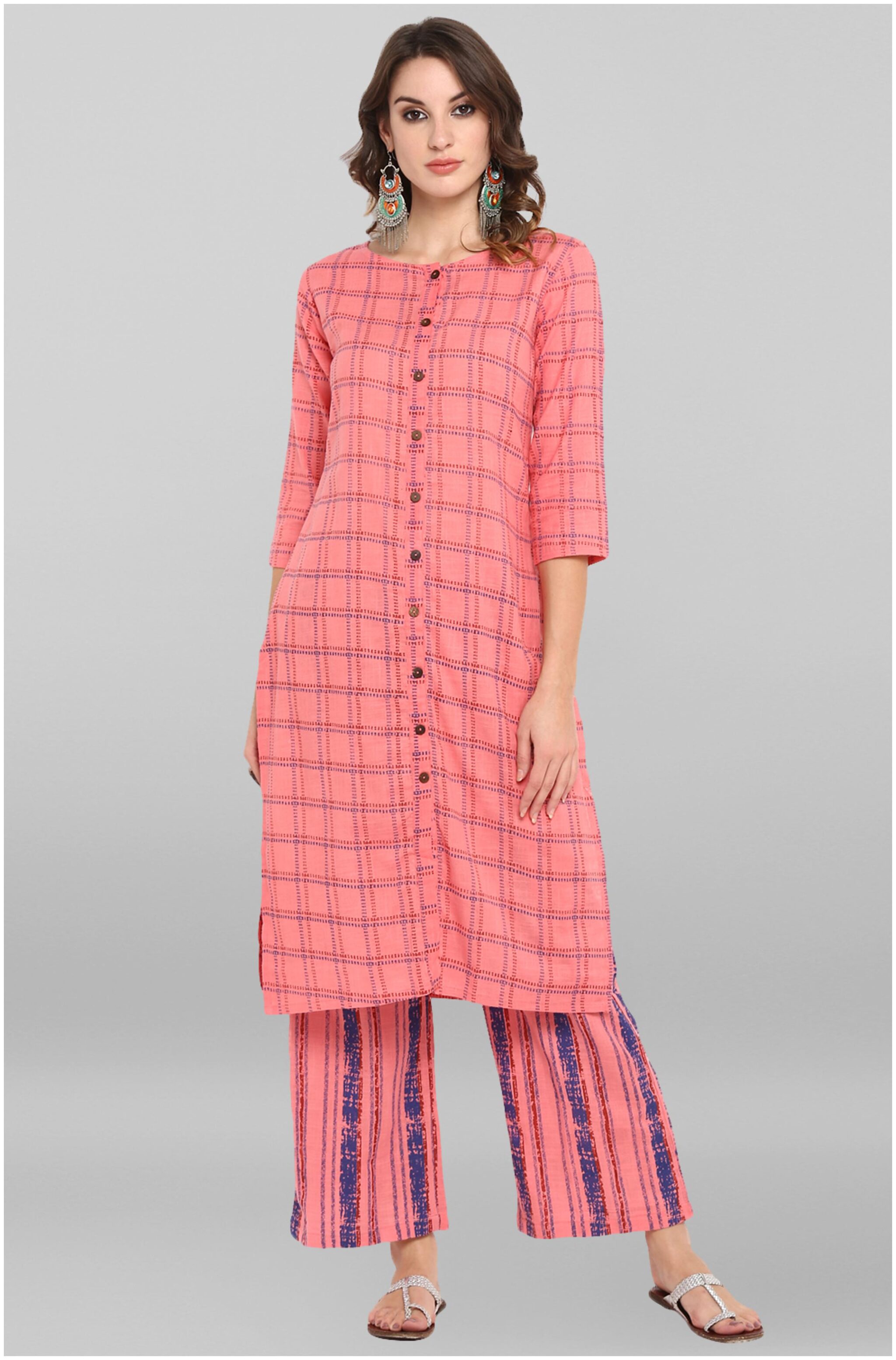 

Janasya Women Pink Printed Straight Kurta With Palazzo