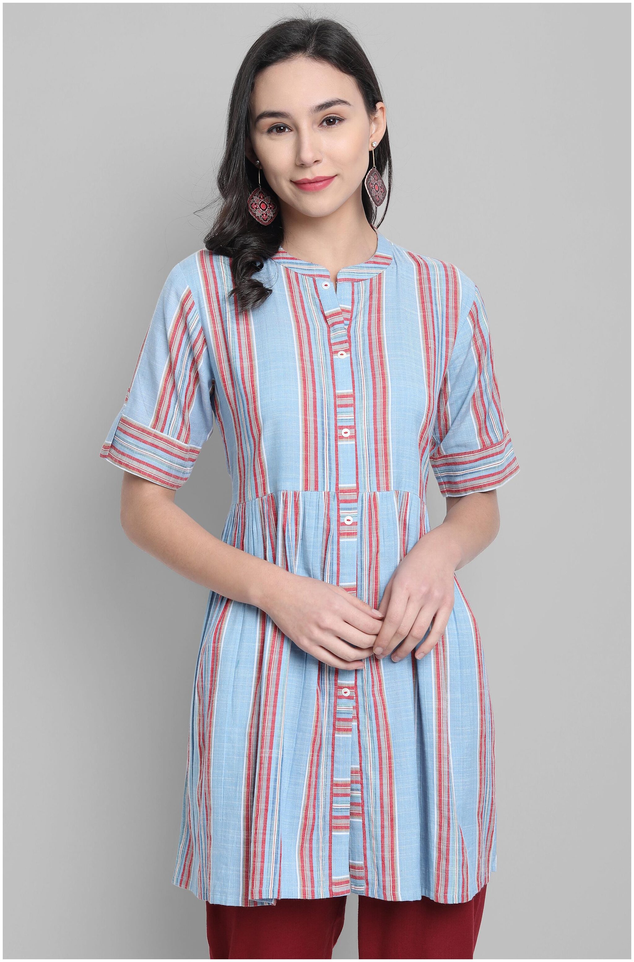 

Janasya Cotton Blue Striped A Line For Women