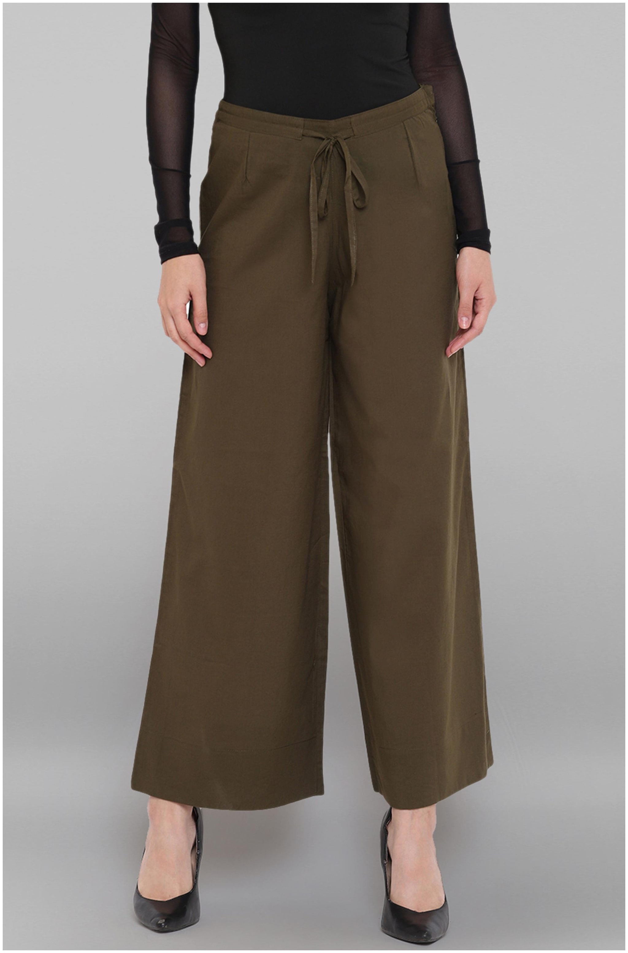 

Janasya Olive Solid Straight Palazzo