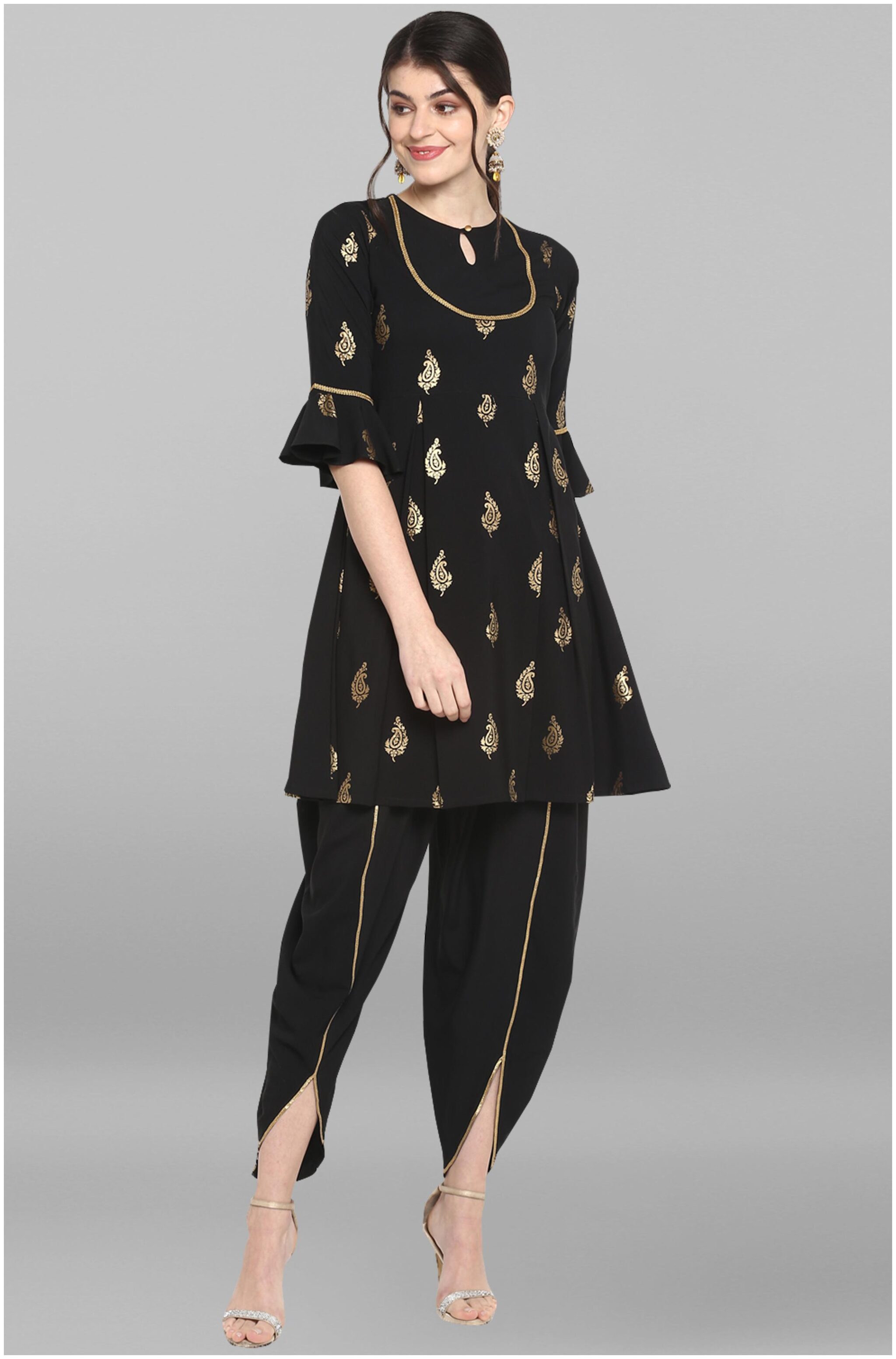

Janasya Crepe Printed Black Kurta For Women