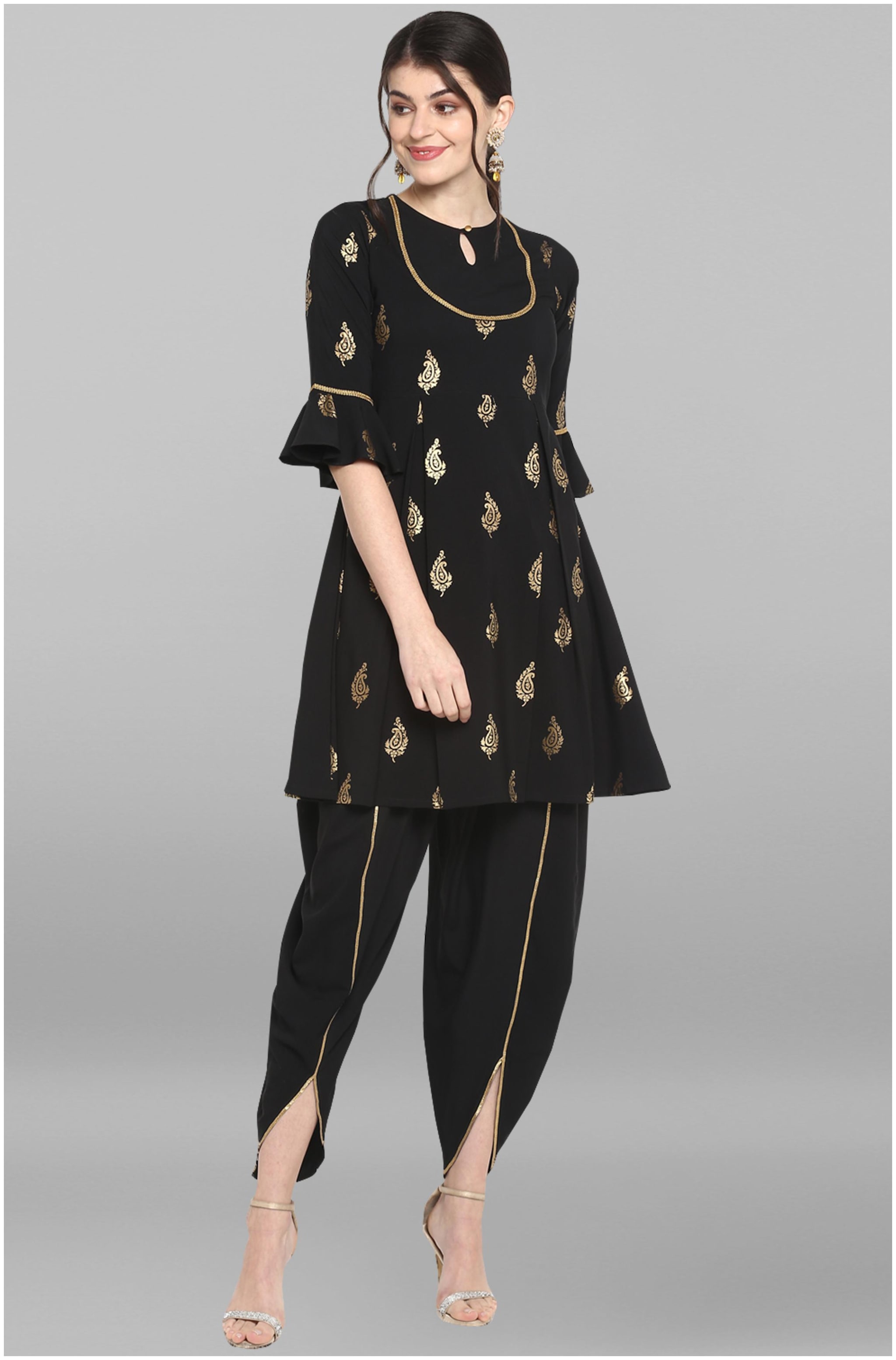 

Janasya Crepe Printed Black Kurta For Women