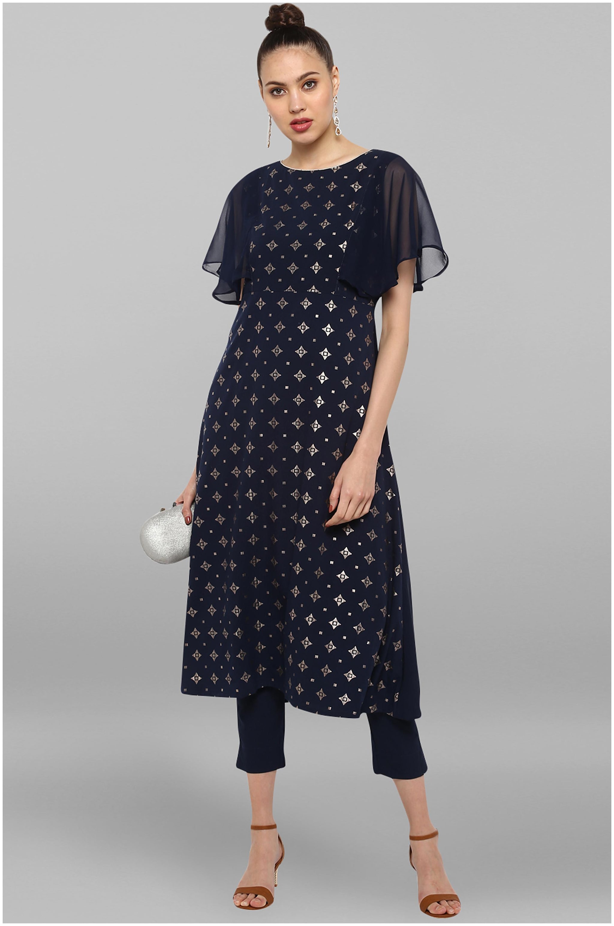 

Janasya Crepe Casual Kurta With Pants Blue