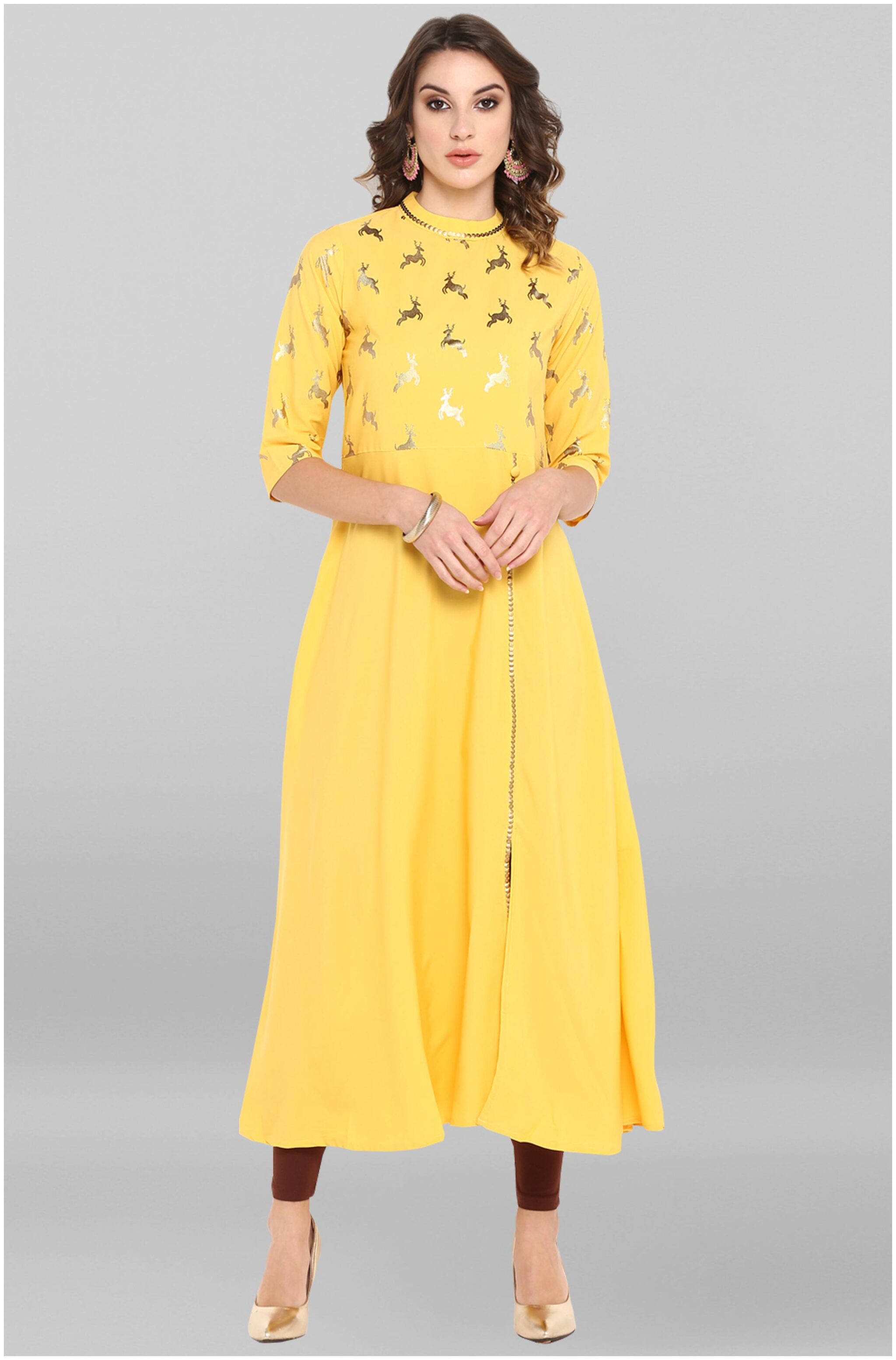 

Janasya Women Yellow Printed High Slit Kurta