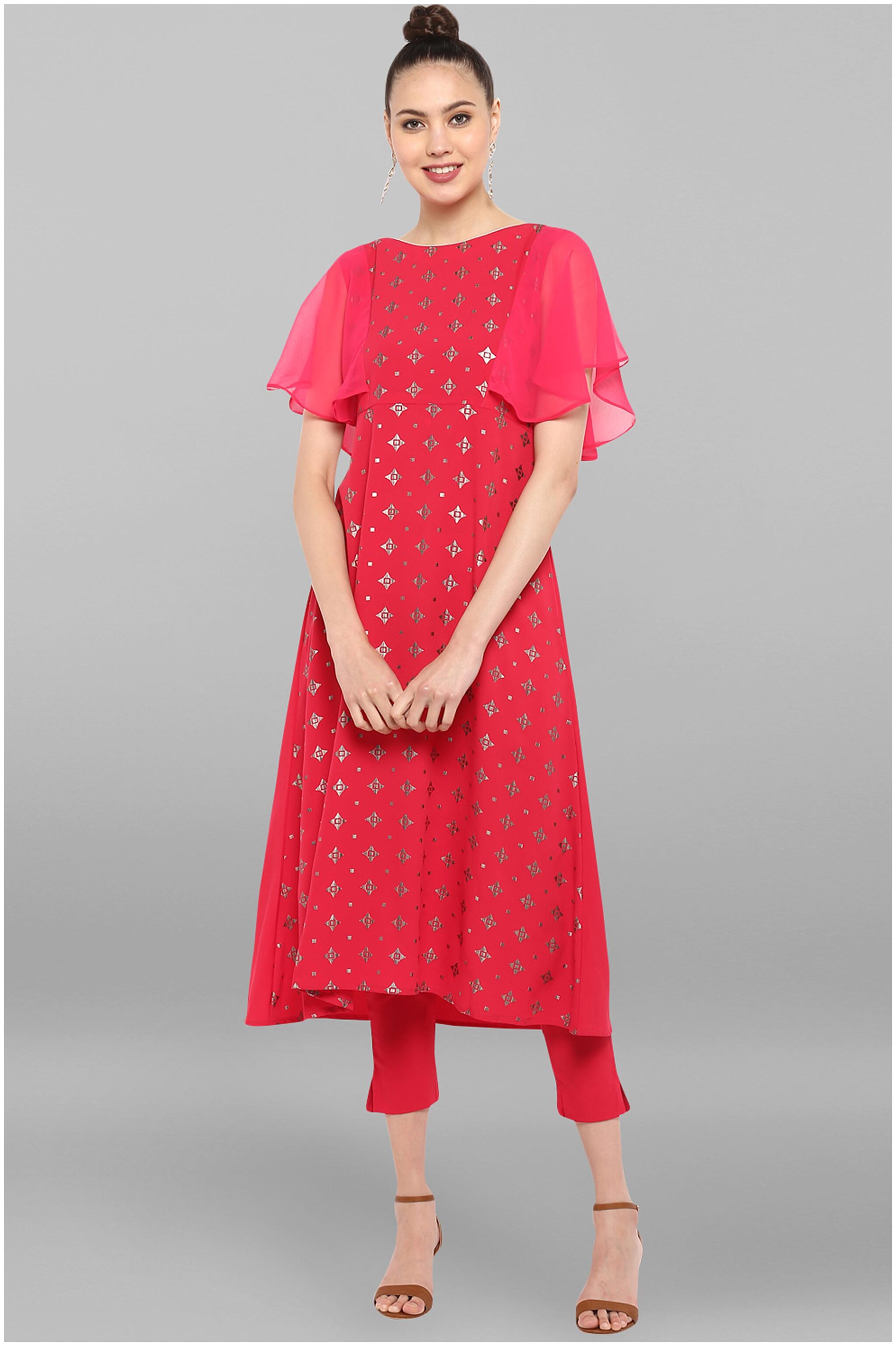 

Janasya Crepe Casual Kurta With Pants Pink