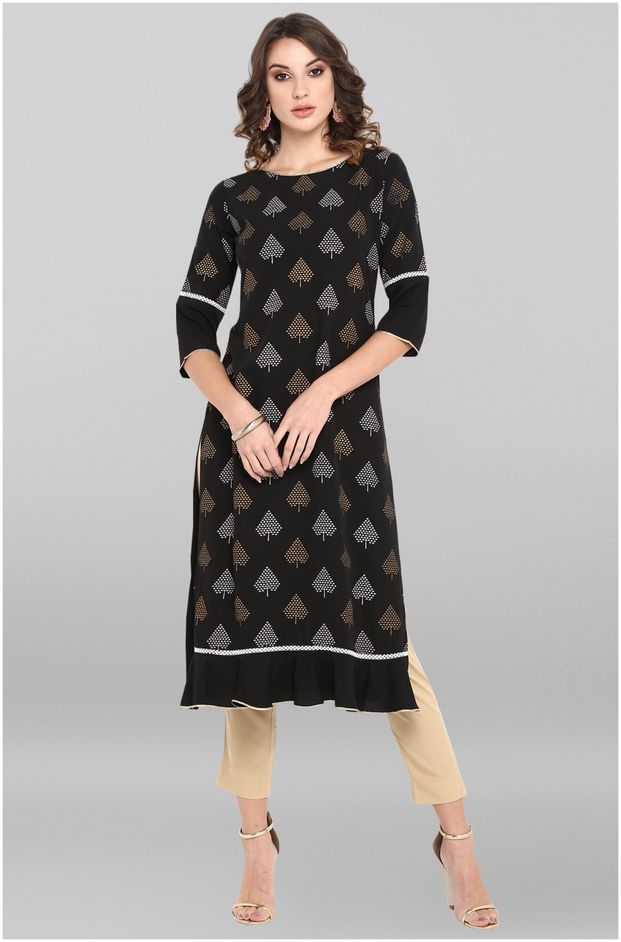 

Janasya Women Black Polka Dots Assymetrical Kurta