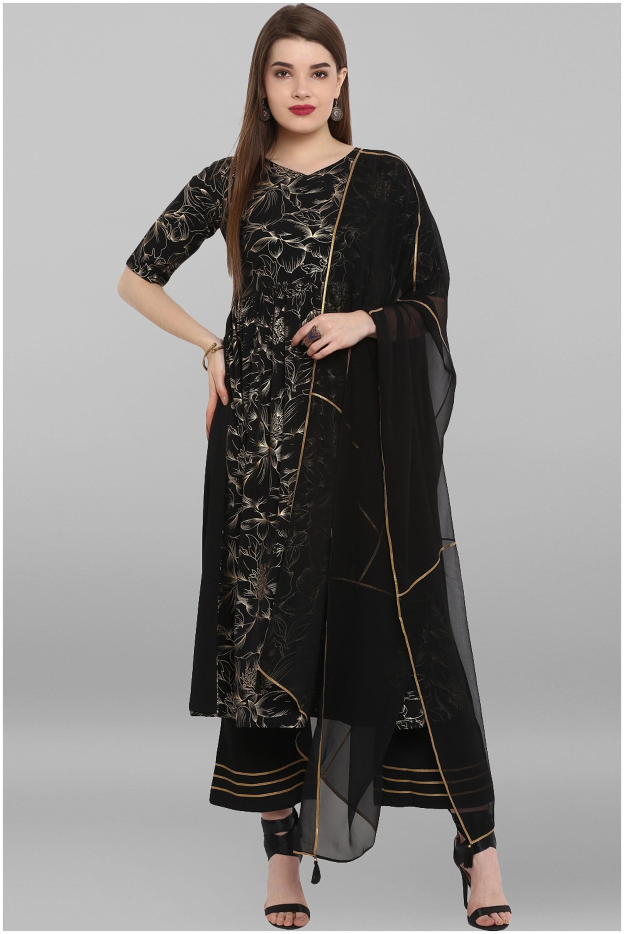

Janasya Crepe Long Partywear Suit Set Black color