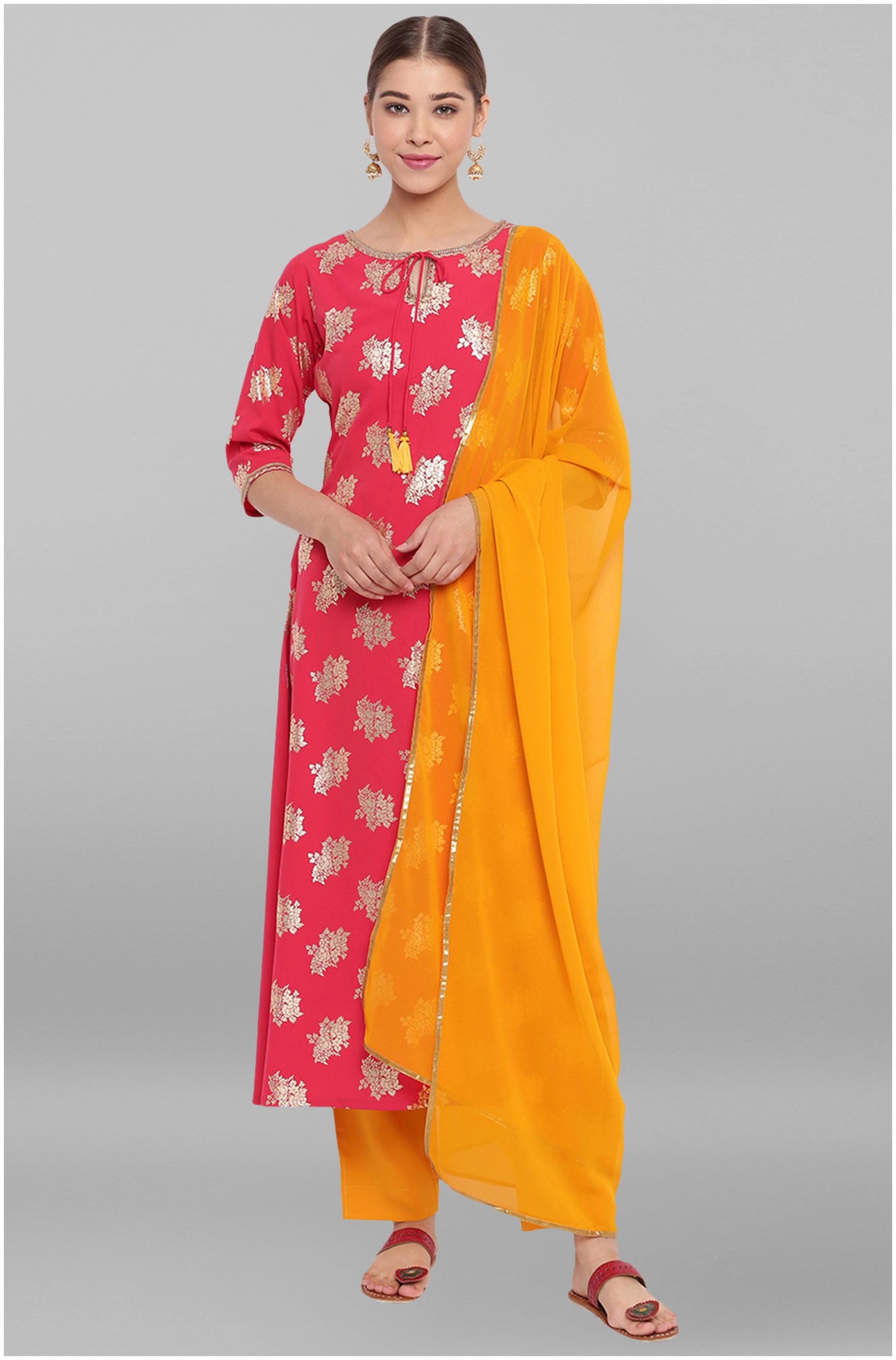 

Janasya Crepe Foil Print Pink Yellow Color Kurta and Pant with Dupatta For Women