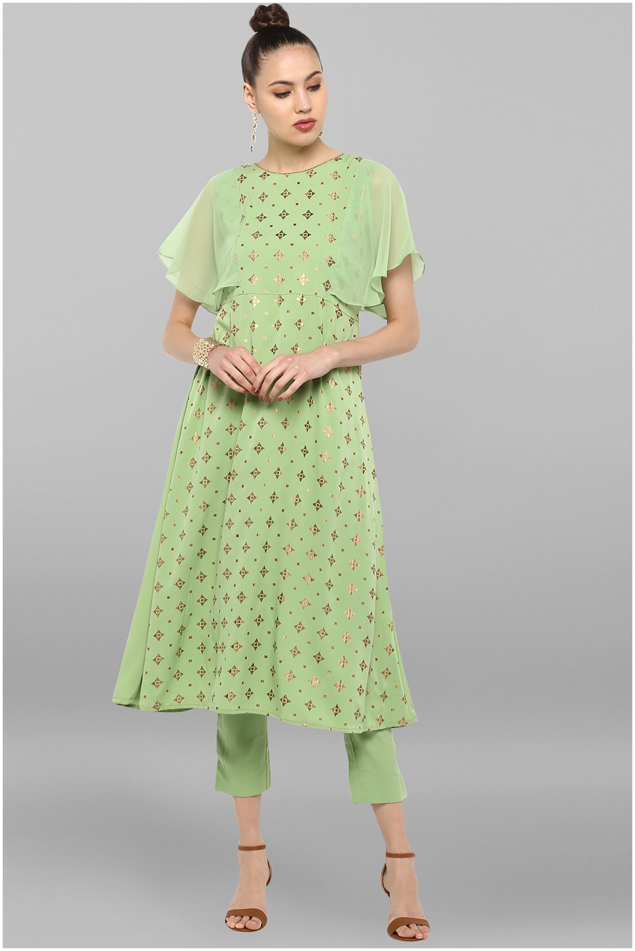 

Janasya Crepe Casual Kurta With Pants Green