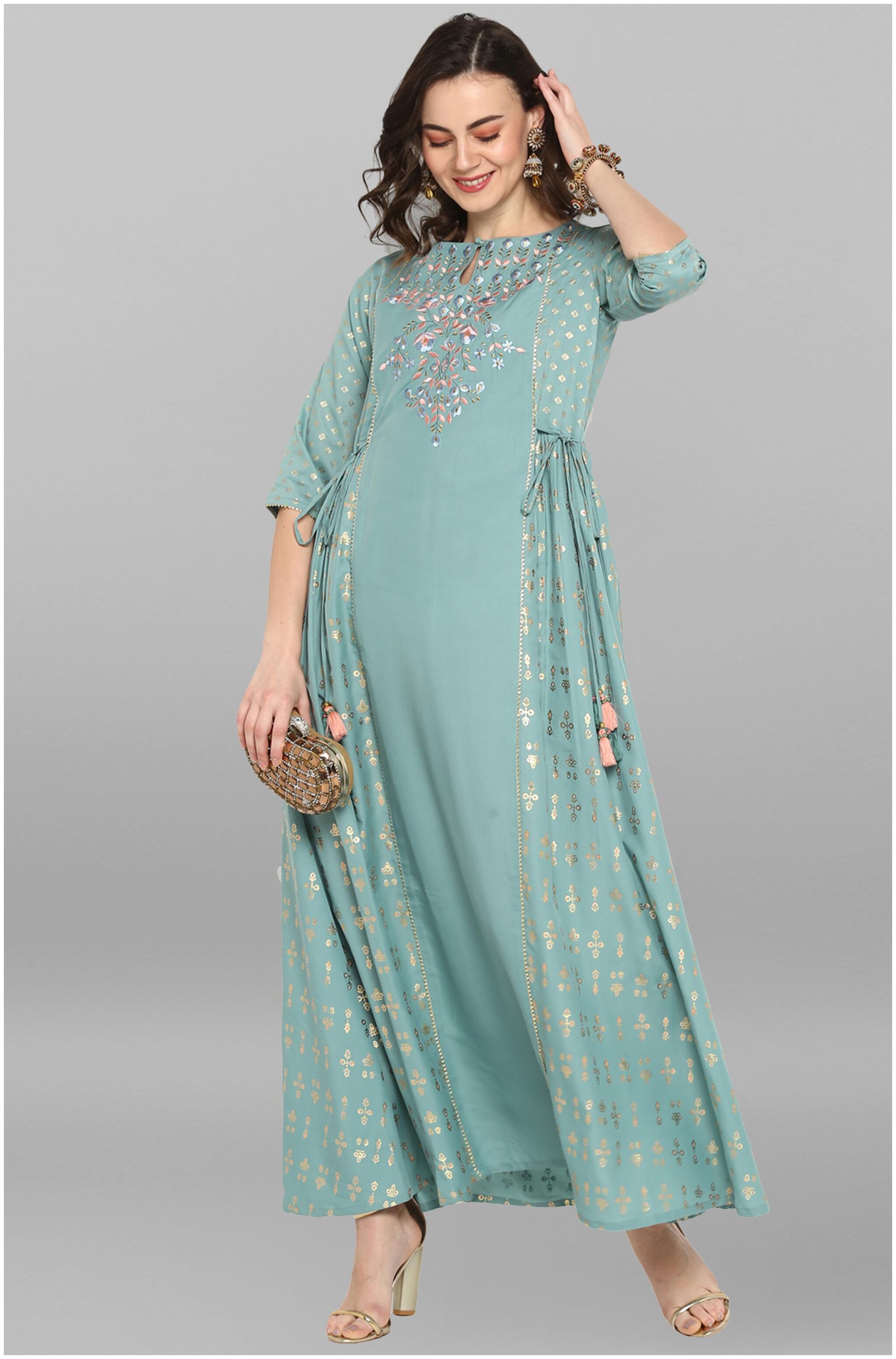 

Janasya Polyester Green Embroidered A Line Dress For Women