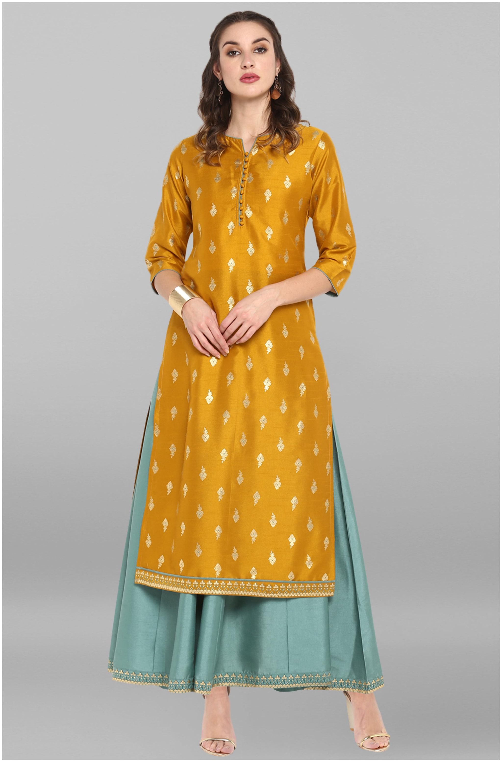 

Janasya Polyester Blend Printed Yellow Kurti for Women