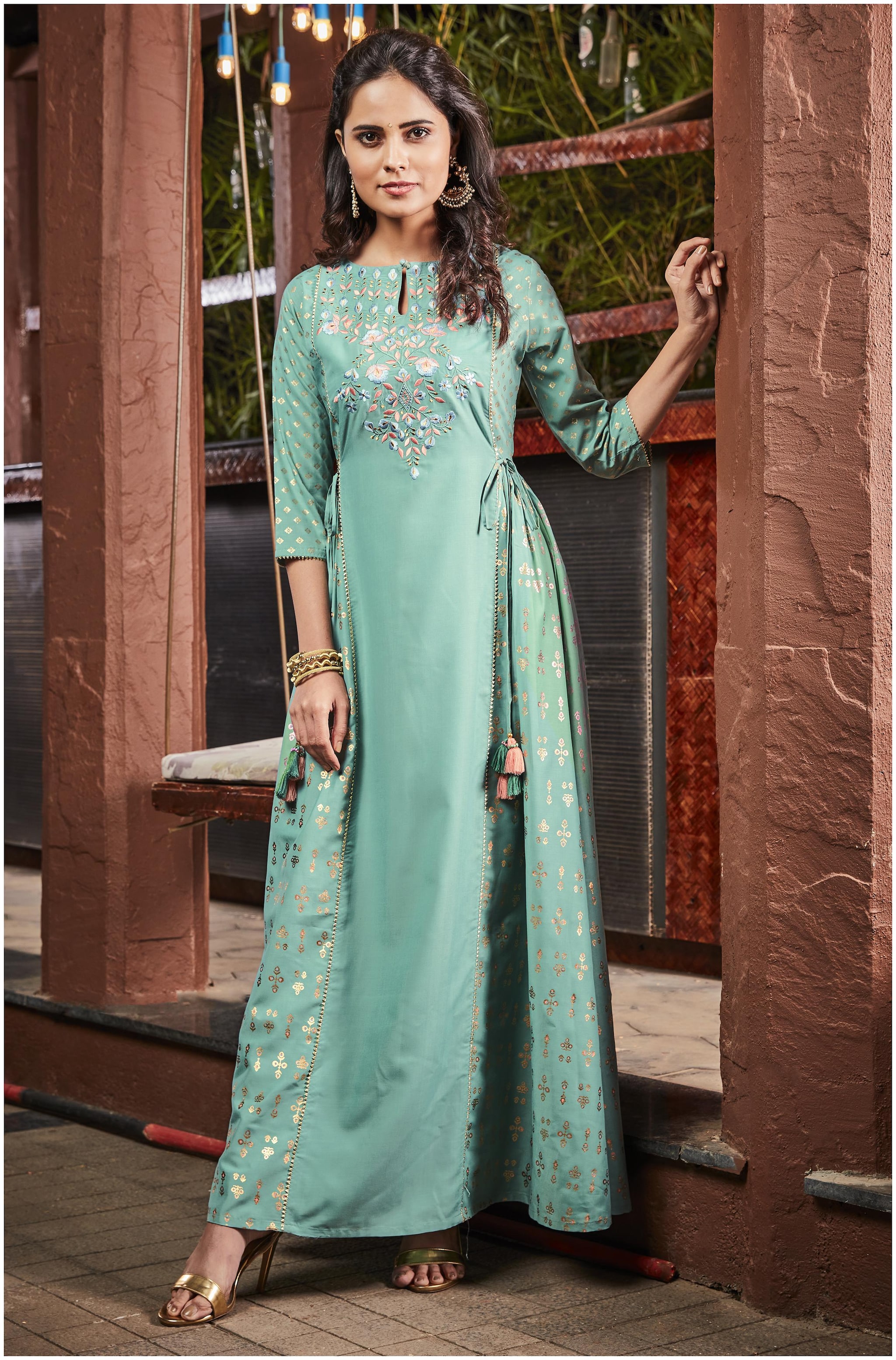 

Janasya Polyester Green Embroidered A Line Dress For Women