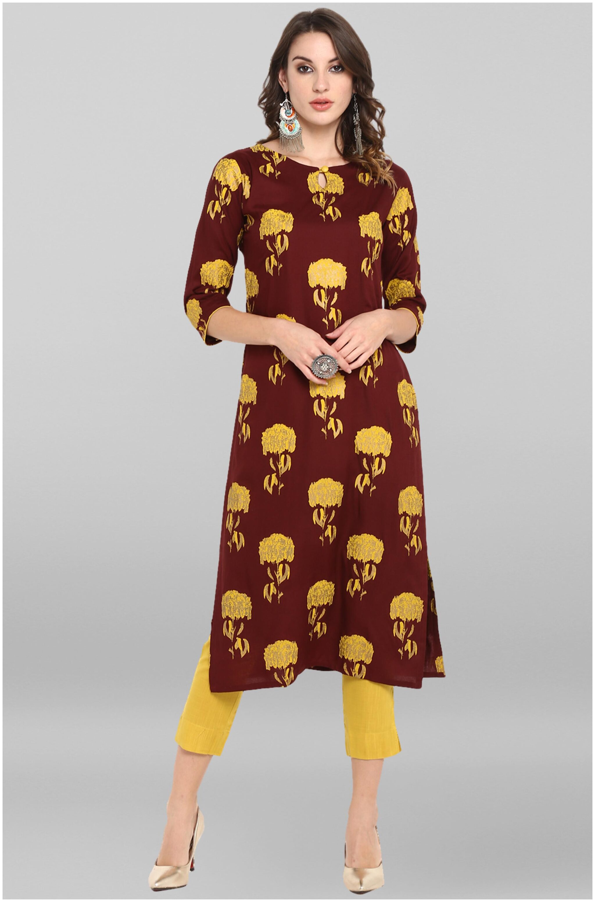 

Janasya Rayon Straight Fit Kurta With Pants Brown